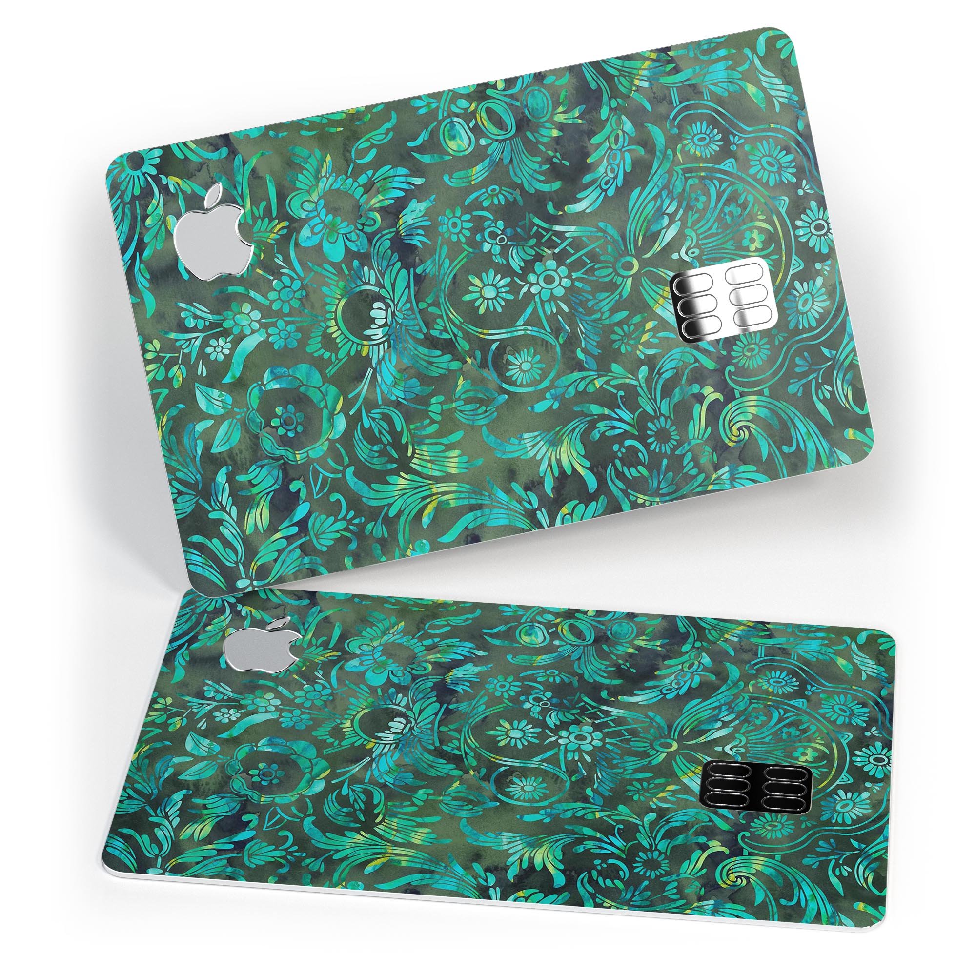 Green Damask Watercolor Pattern skin for Apple Card, showcasing vibrant colors and intricate design.