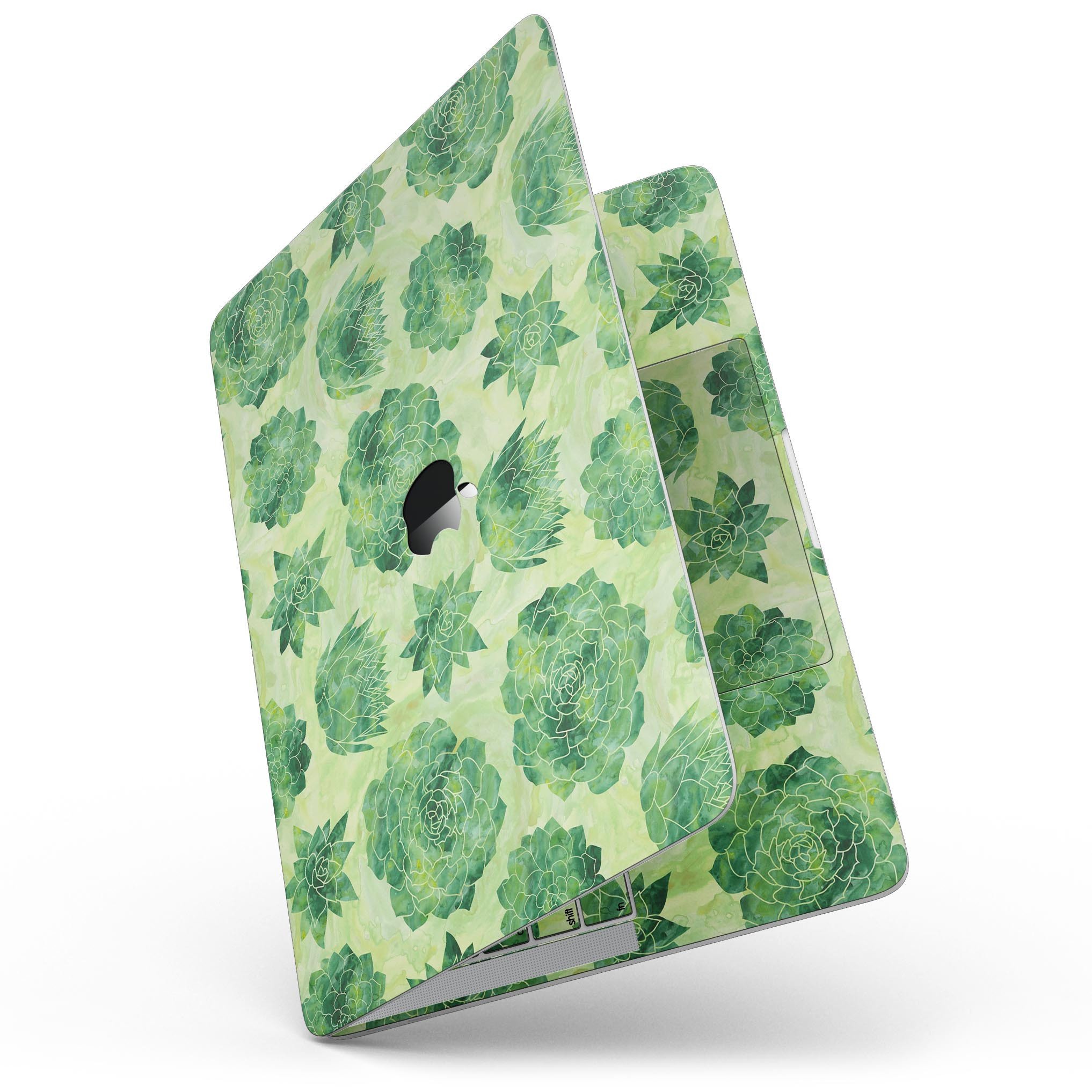 Green Floral Succulents skin kit for 13" MacBook Pro without Touch Bar, showcasing vibrant floral design on premium vinyl.