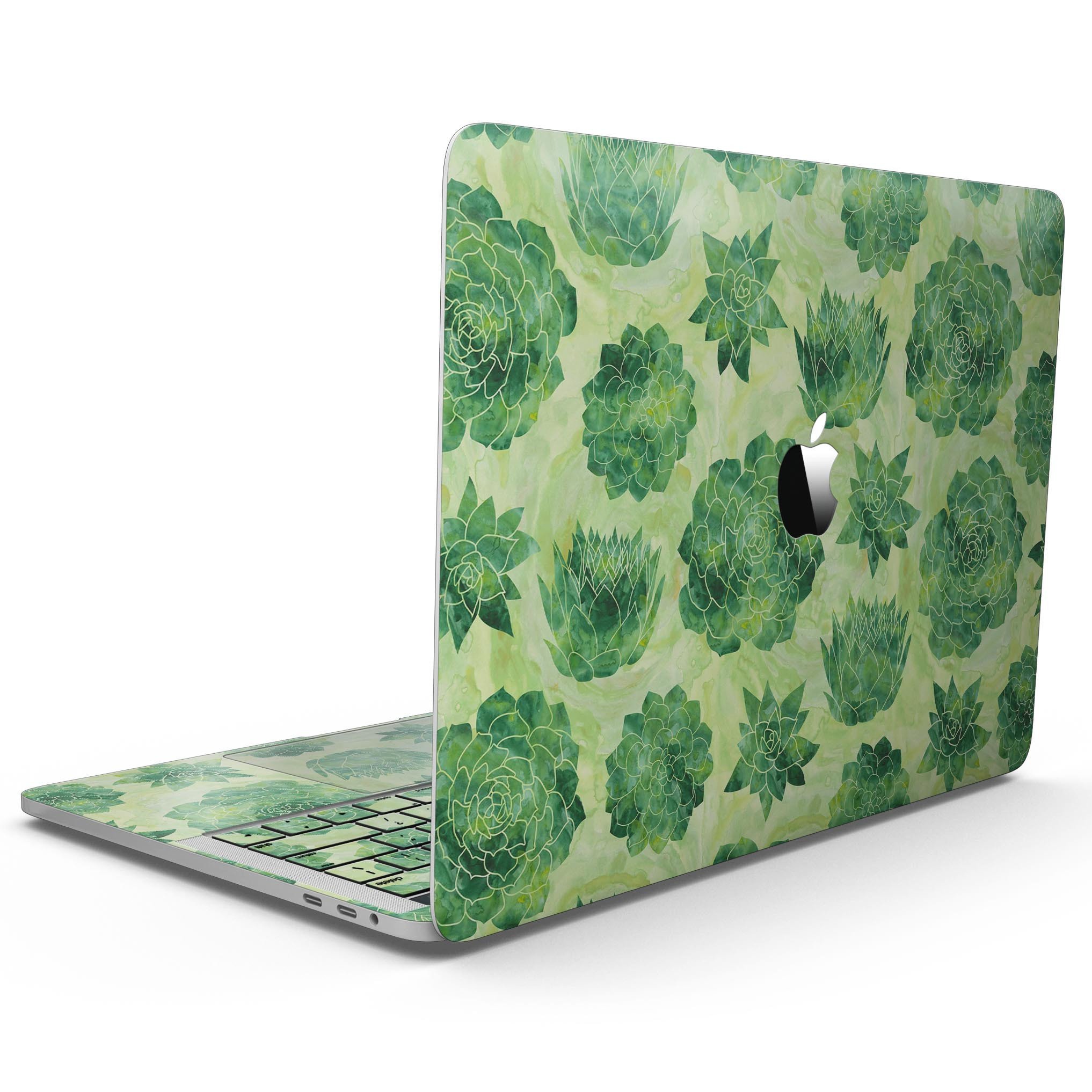 Green Floral Succulents skin kit for 13" MacBook Pro without Touch Bar, showcasing vibrant floral design on premium vinyl.