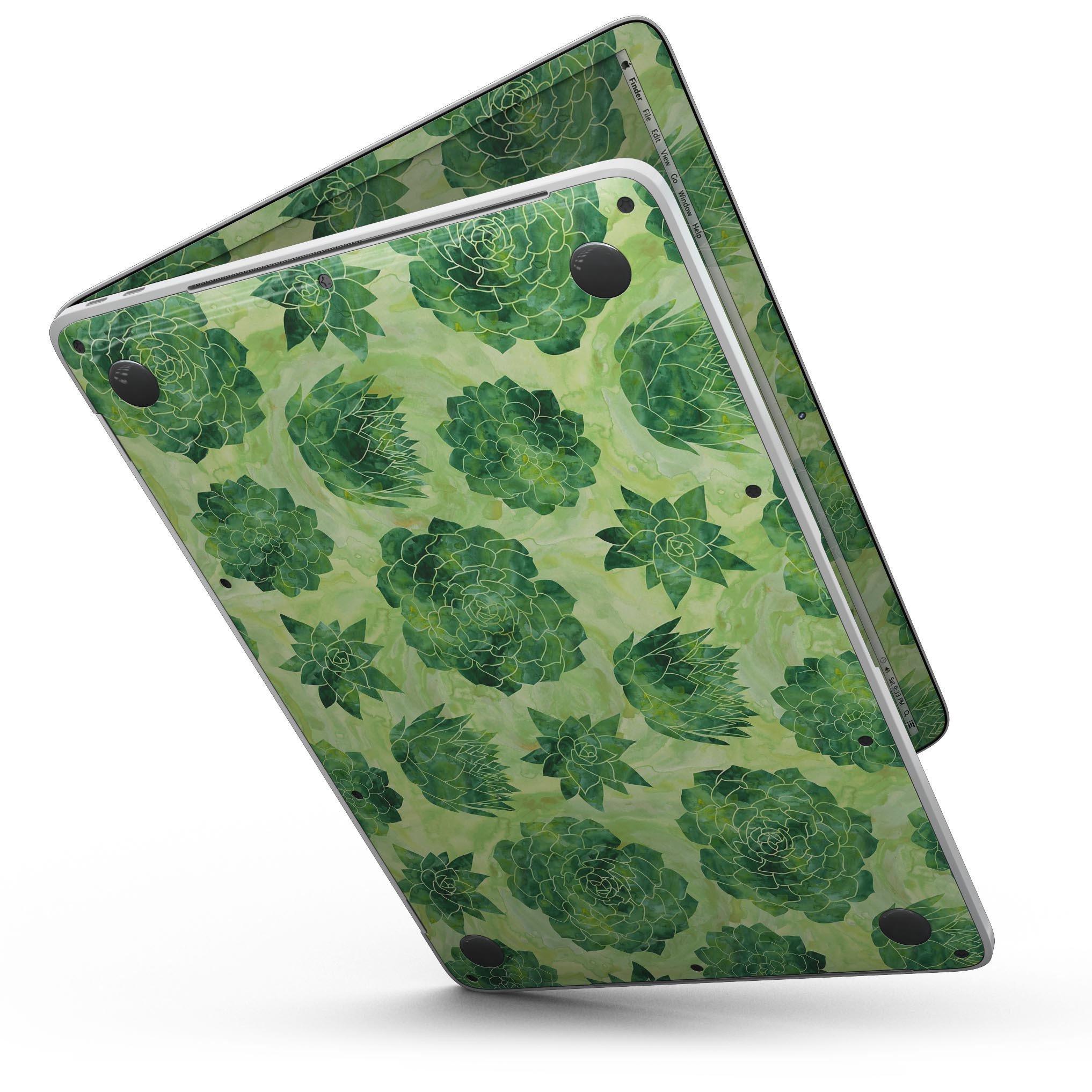 Green Floral Succulents skin kit for 13" MacBook Pro without Touch Bar, showcasing vibrant floral design on premium vinyl.