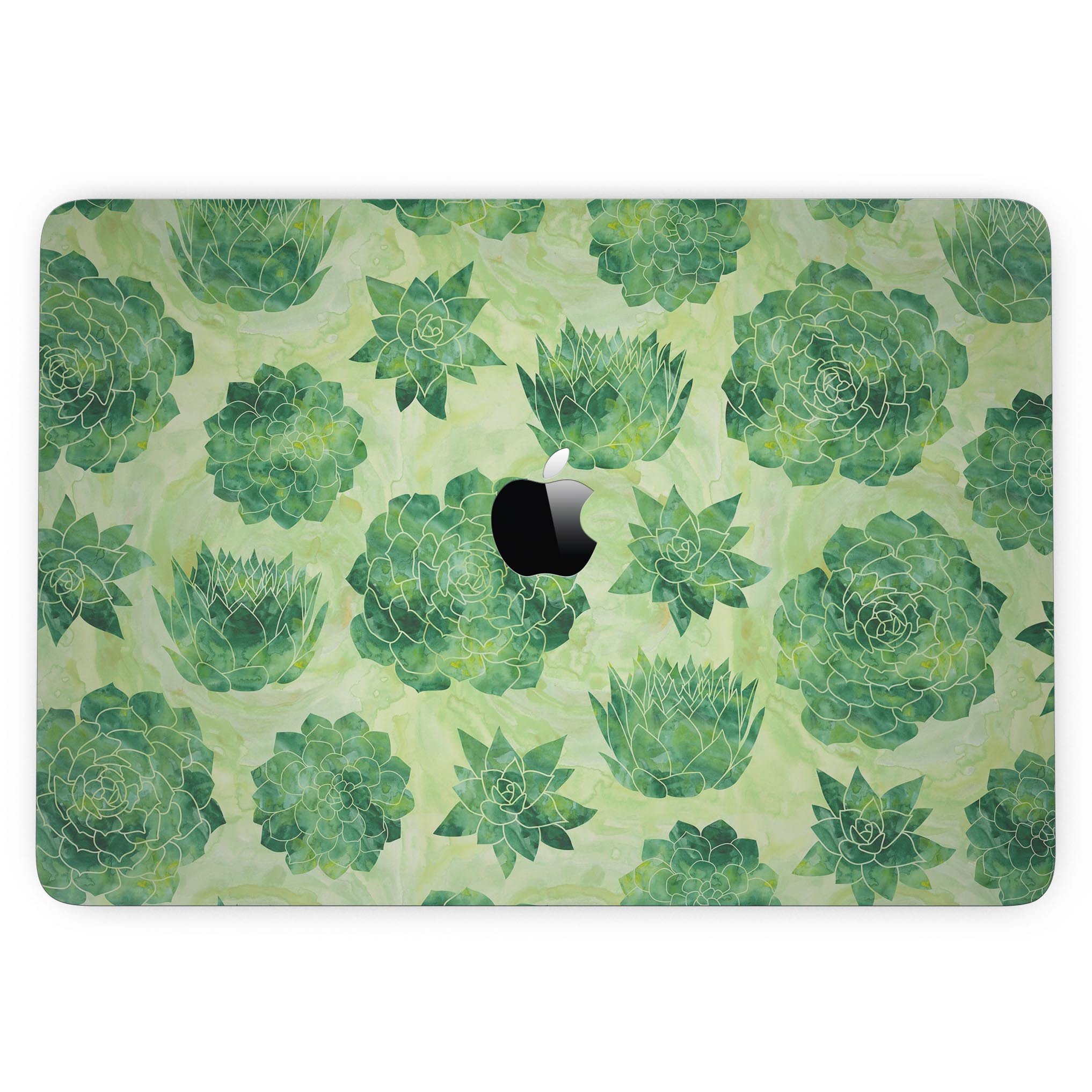 Green Floral Succulents skin kit for 13" MacBook Pro without Touch Bar, showcasing vibrant floral design on premium vinyl.