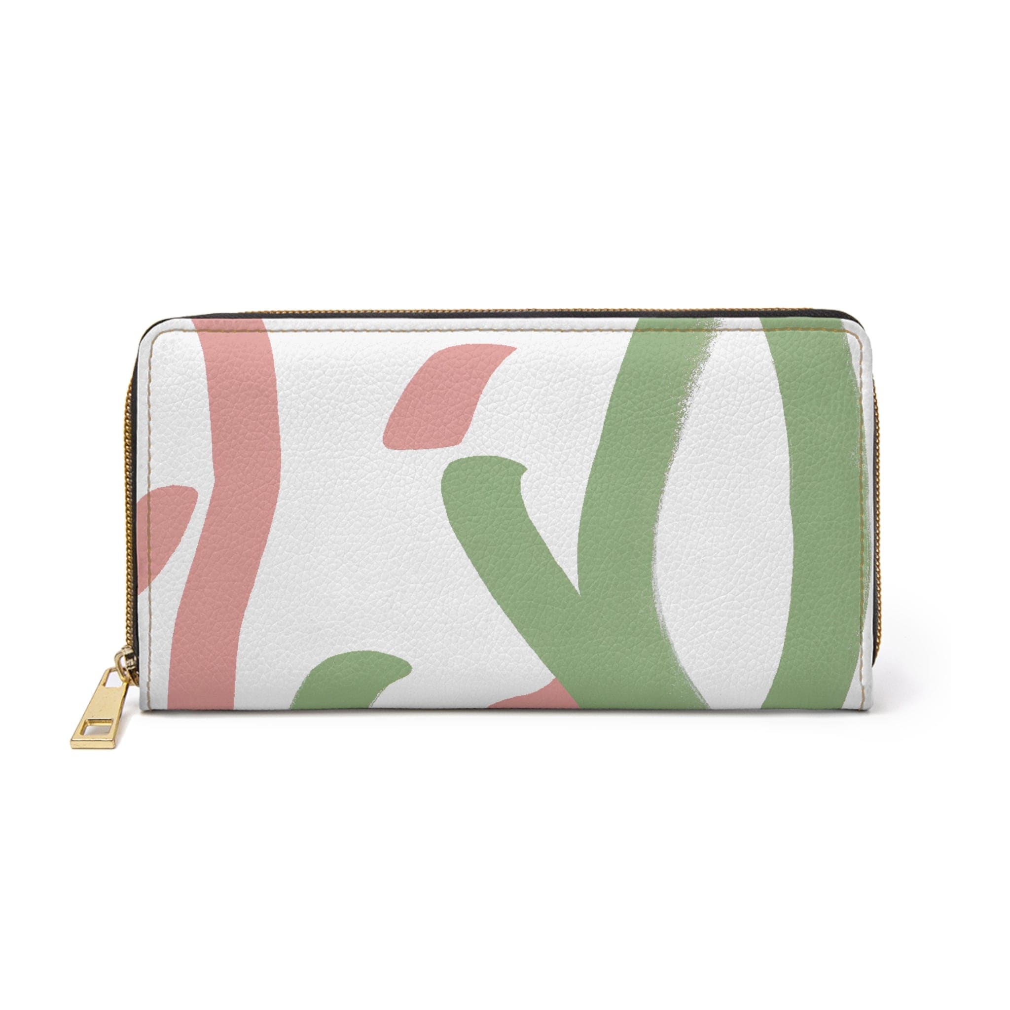 Green mauve abstract brush stroke pattern women's zipper wallet clutch showcasing its stylish design and functional compartments.