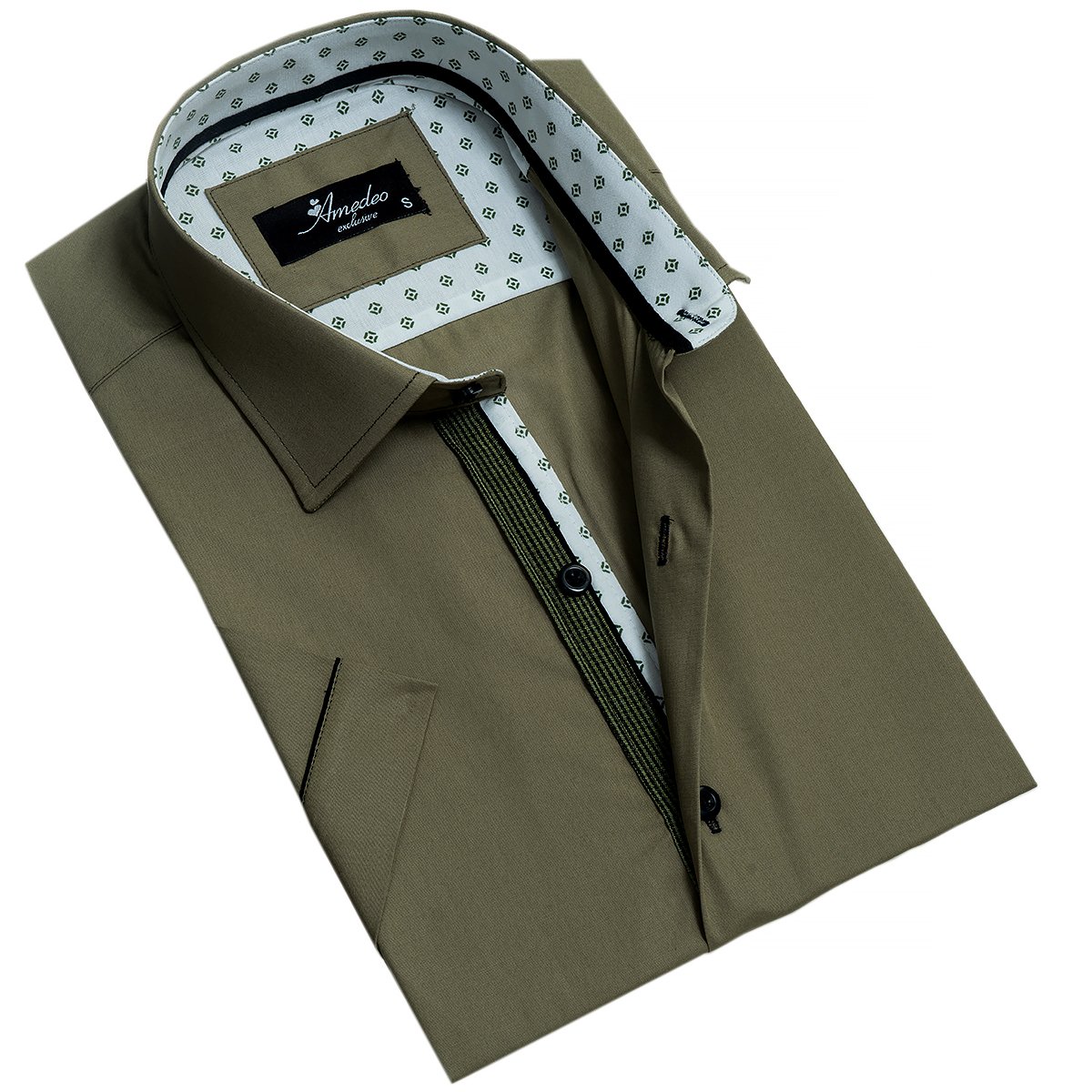 Green Men's Short Sleeve Button Up Shirt made from luxury cotton, featuring a tailored slim fit and spread collar design.