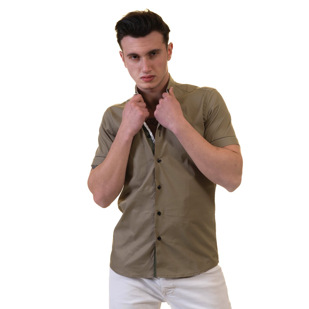 Green Men's Short Sleeve Button Up Shirt made from luxury cotton, featuring a tailored slim fit and spread collar design.