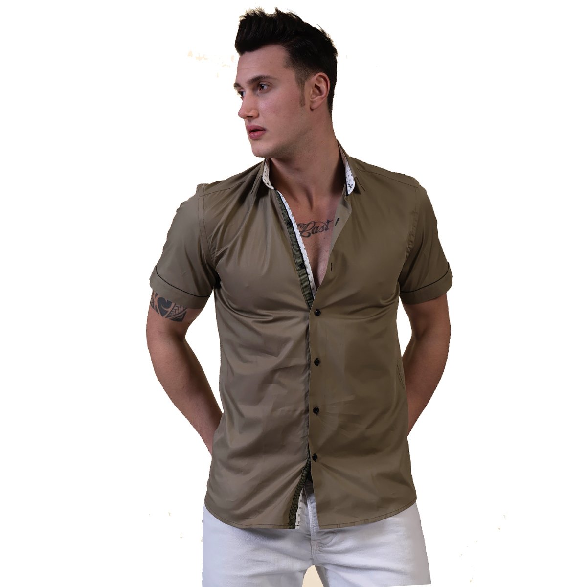 Green Men's Short Sleeve Button Up Shirt made from luxury cotton, featuring a tailored slim fit and spread collar design.