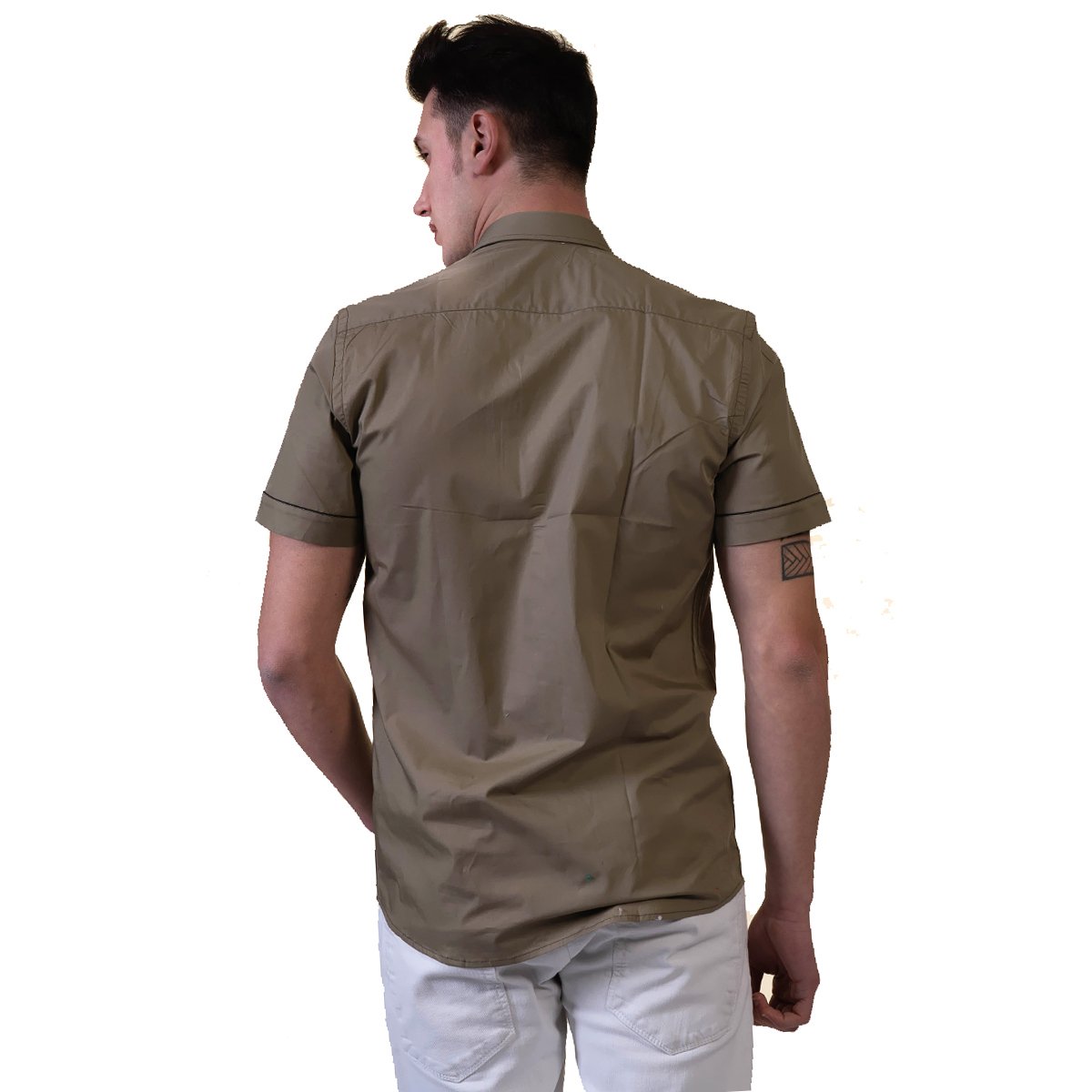 Green Men's Short Sleeve Button Up Shirt made from luxury cotton, featuring a tailored slim fit and spread collar design.