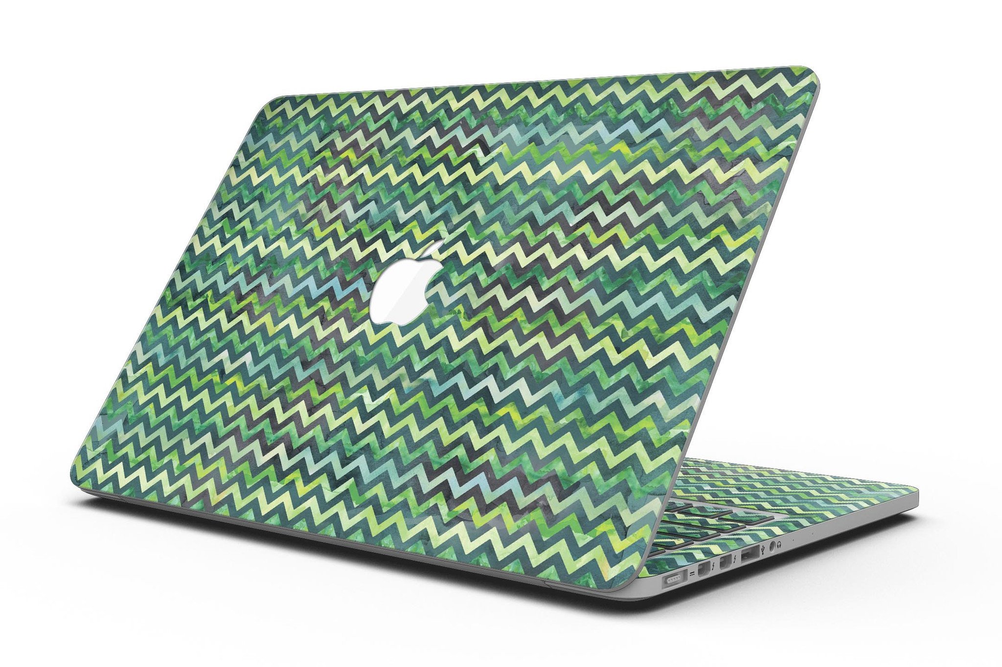 Green Multi Watercolor Chevron skin for MacBook Pro with Retina Display, showcasing vibrant colors and unique chevron pattern.