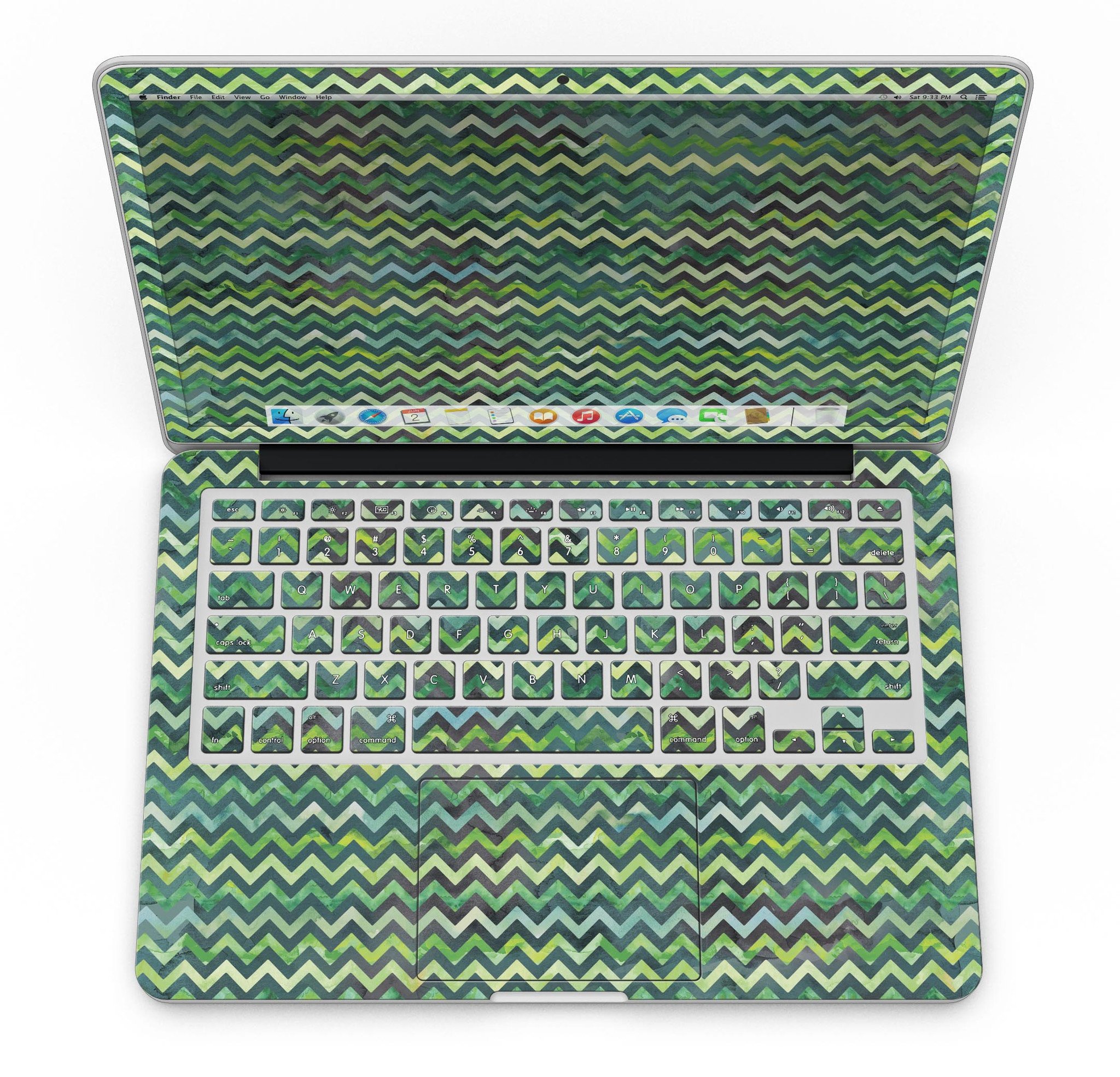 Green Multi Watercolor Chevron skin for MacBook Pro with Retina Display, showcasing vibrant colors and unique chevron pattern.