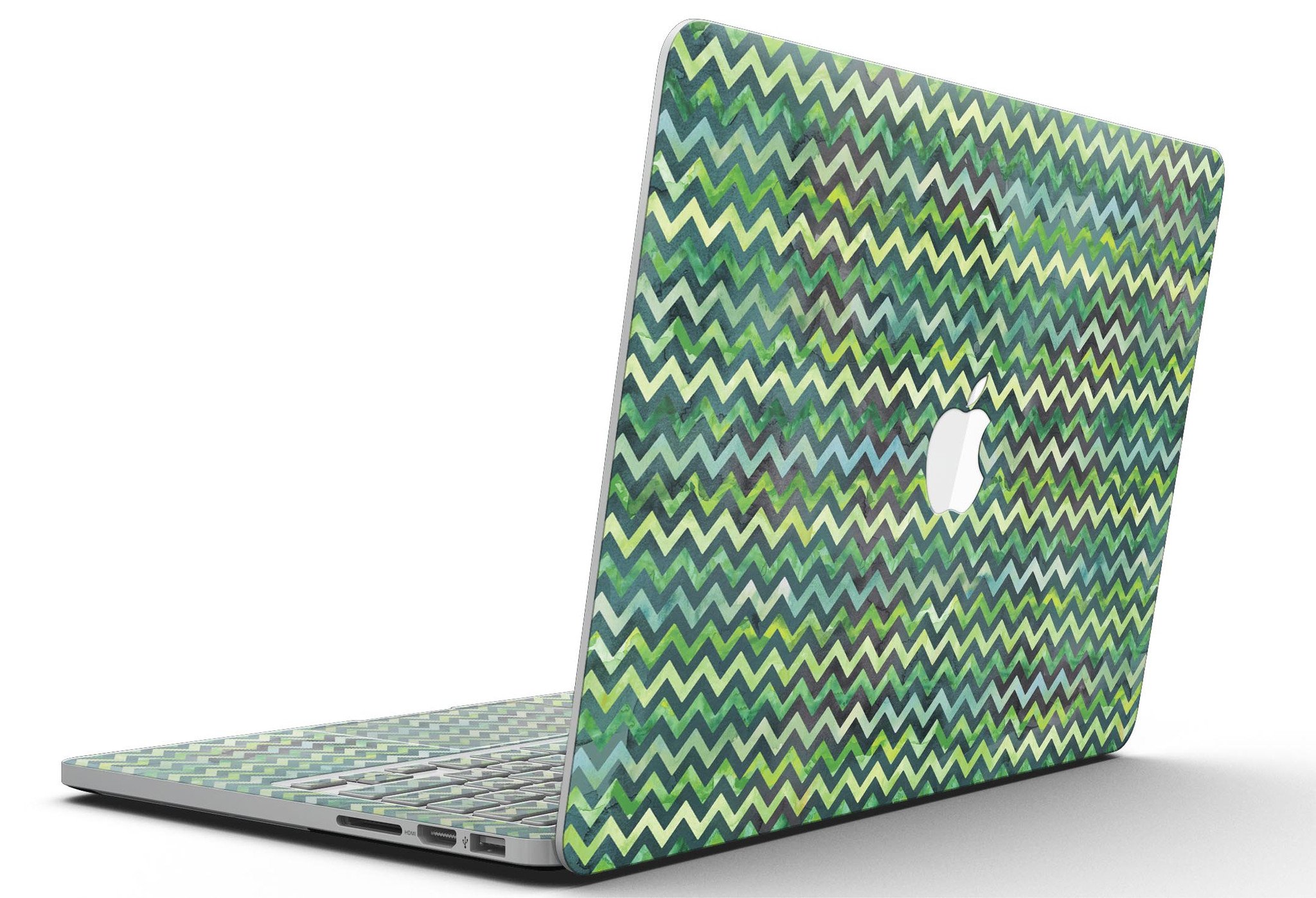 Green Multi Watercolor Chevron skin for MacBook Pro with Retina Display, showcasing vibrant colors and unique chevron pattern.