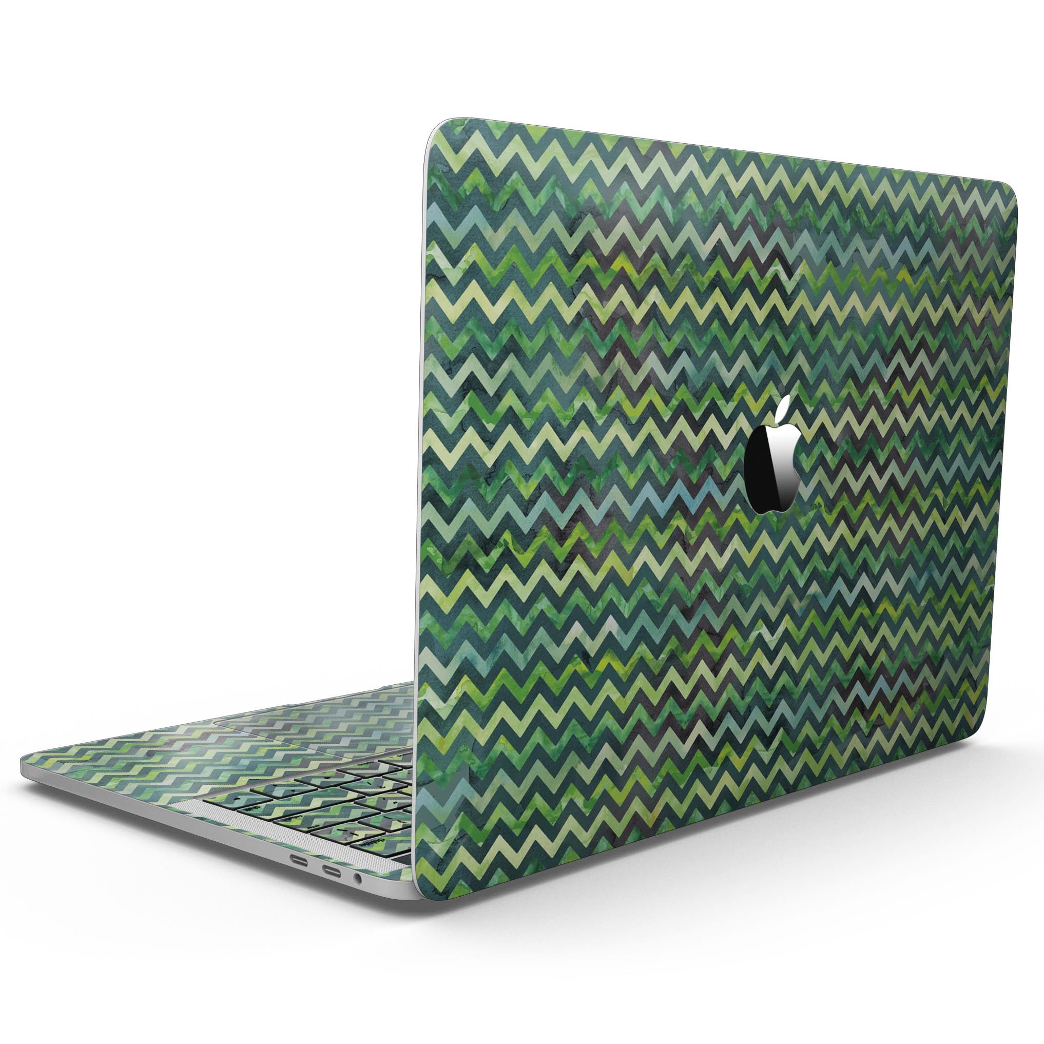 Green Multi Watercolor Chevron skin kit for MacBook Pro with Touch Bar, showcasing vibrant colors and stylish design.