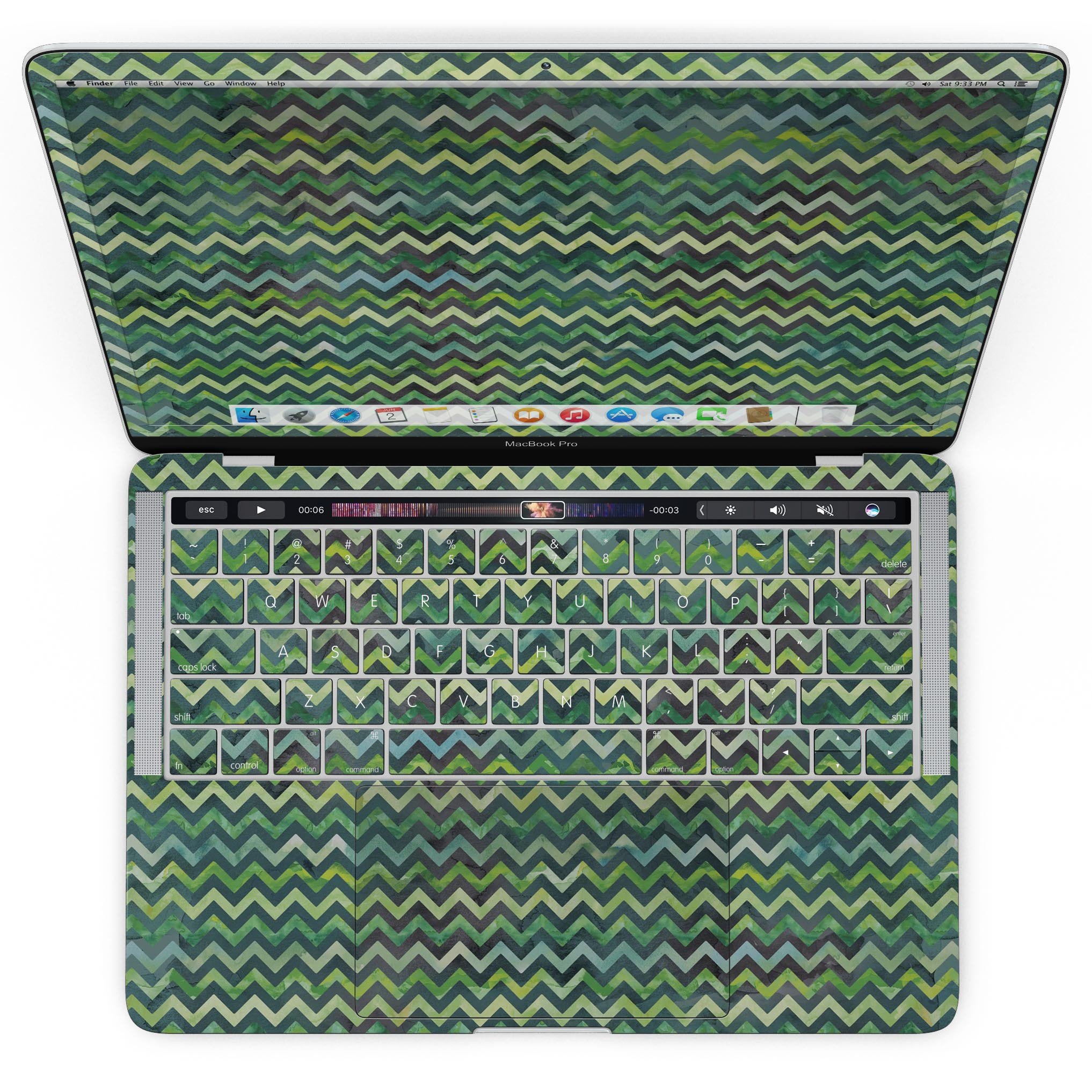 Green Multi Watercolor Chevron skin kit for MacBook Pro with Touch Bar, showcasing vibrant colors and stylish design.