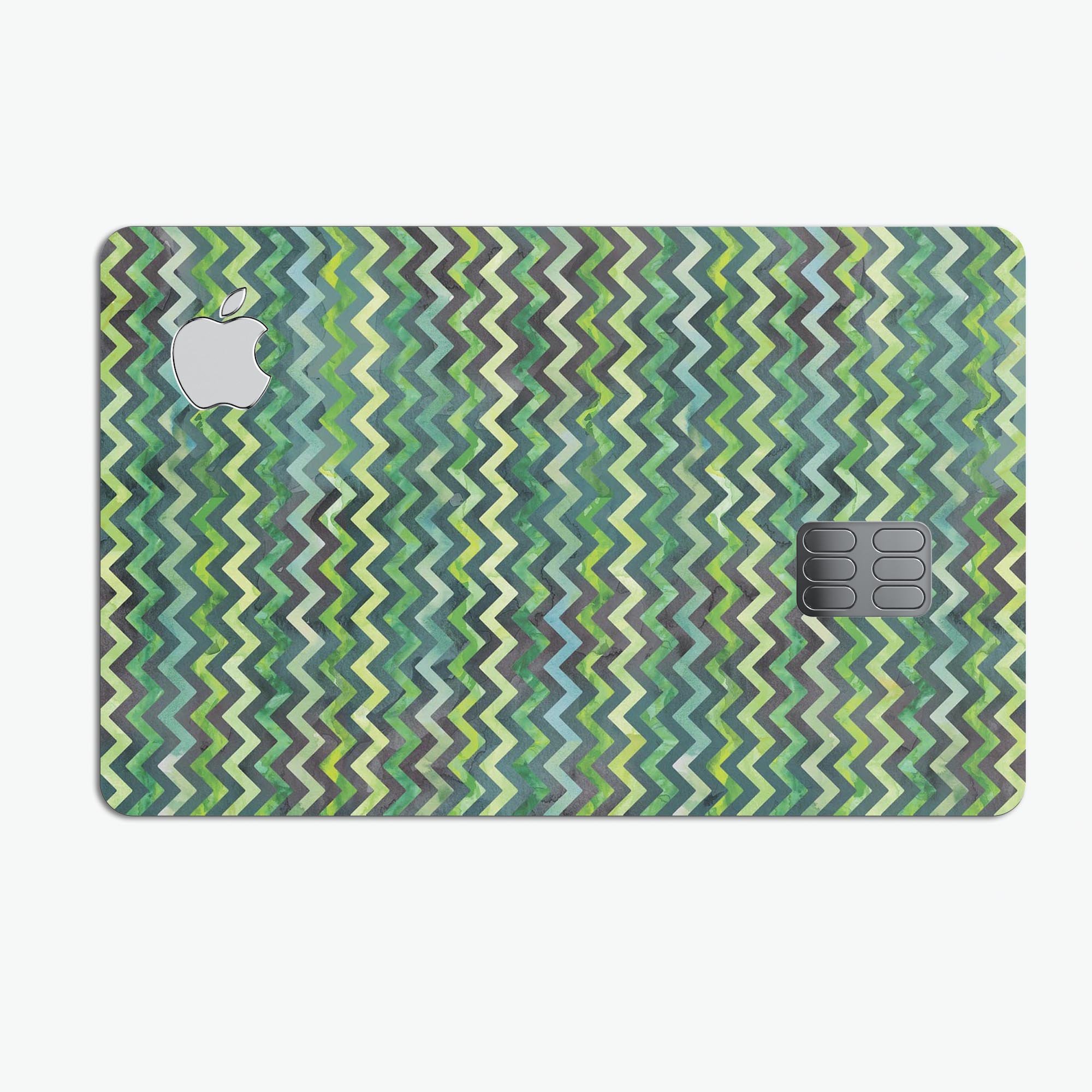 Green Multi Watercolor Chevron decal skin for Apple Card, showcasing vibrant colors and unique chevron pattern.