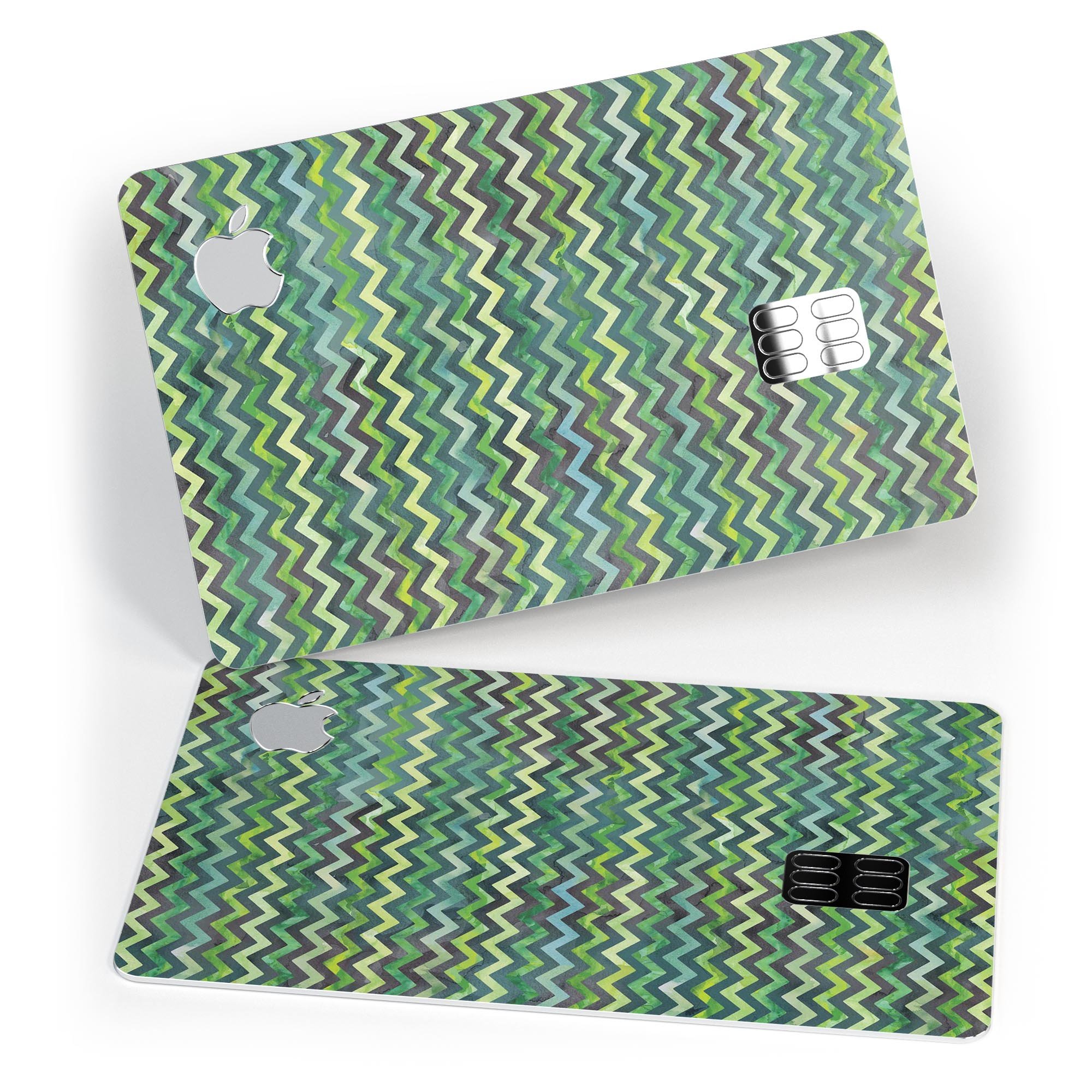 Green Multi Watercolor Chevron decal skin for Apple Card, showcasing vibrant colors and unique chevron pattern.