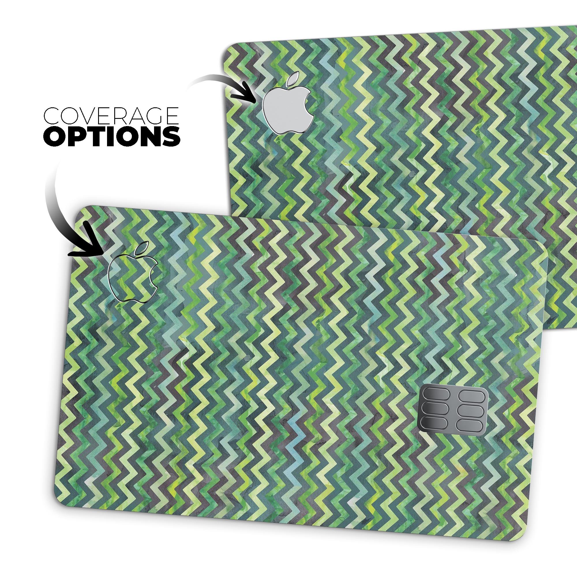 Green Multi Watercolor Chevron decal skin for Apple Card, showcasing vibrant colors and unique chevron pattern.