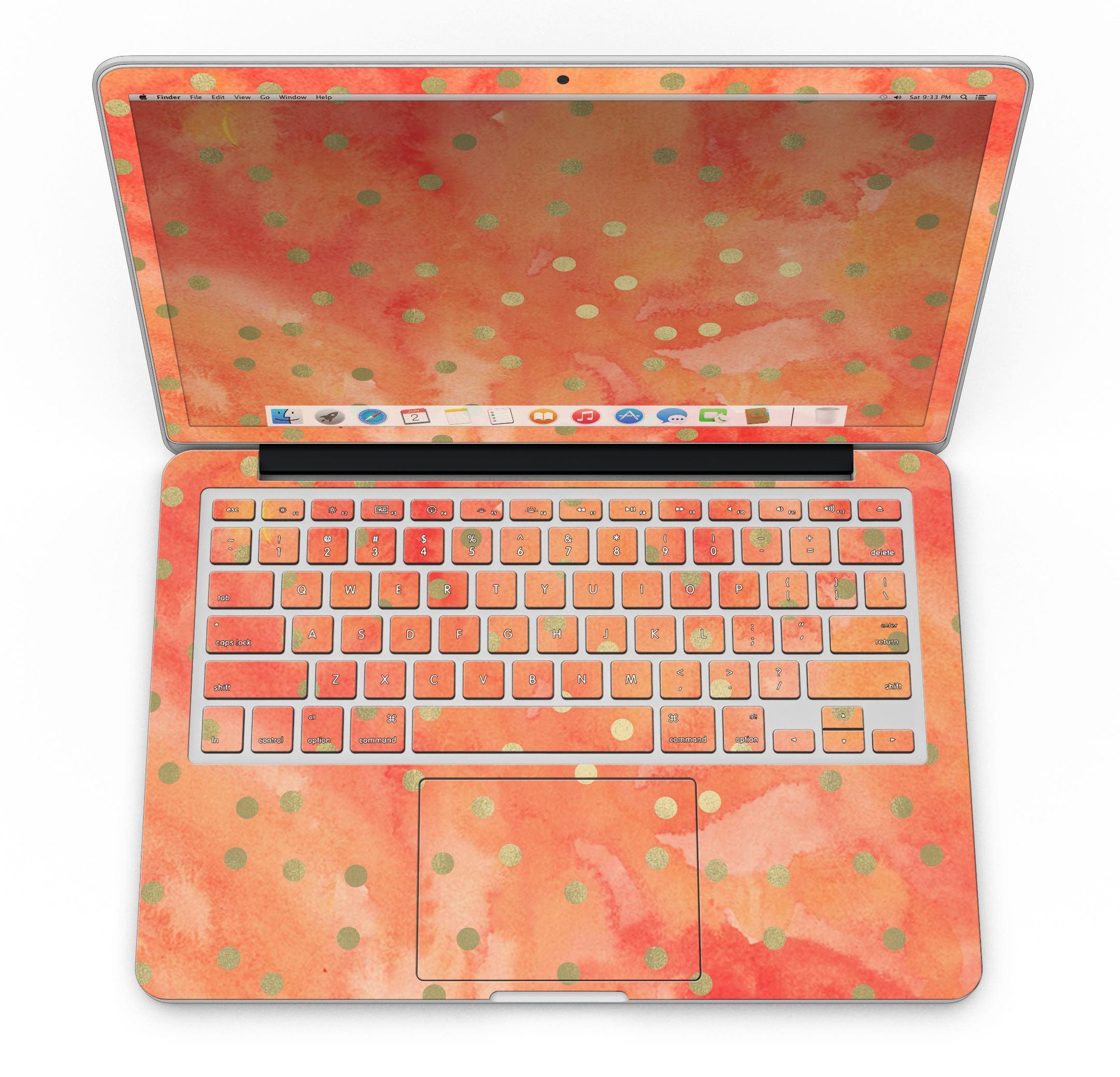 Green polka dots design on a water-colored background for MacBook Pro with Retina Display, showcasing style and protection.