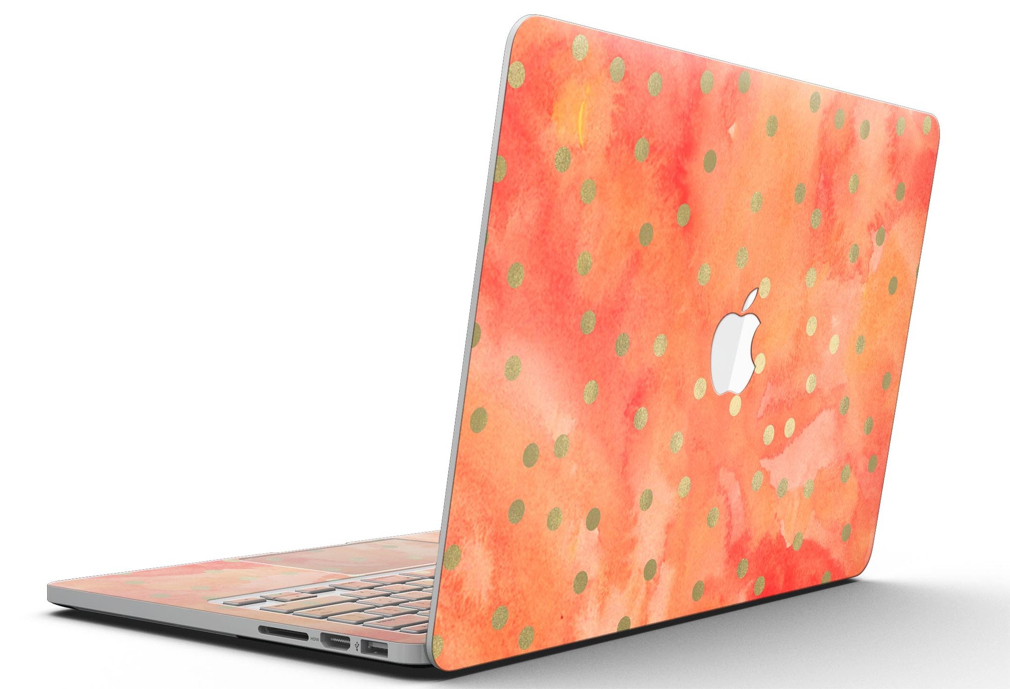 Green polka dots design on a water-colored background for MacBook Pro with Retina Display, showcasing style and protection.