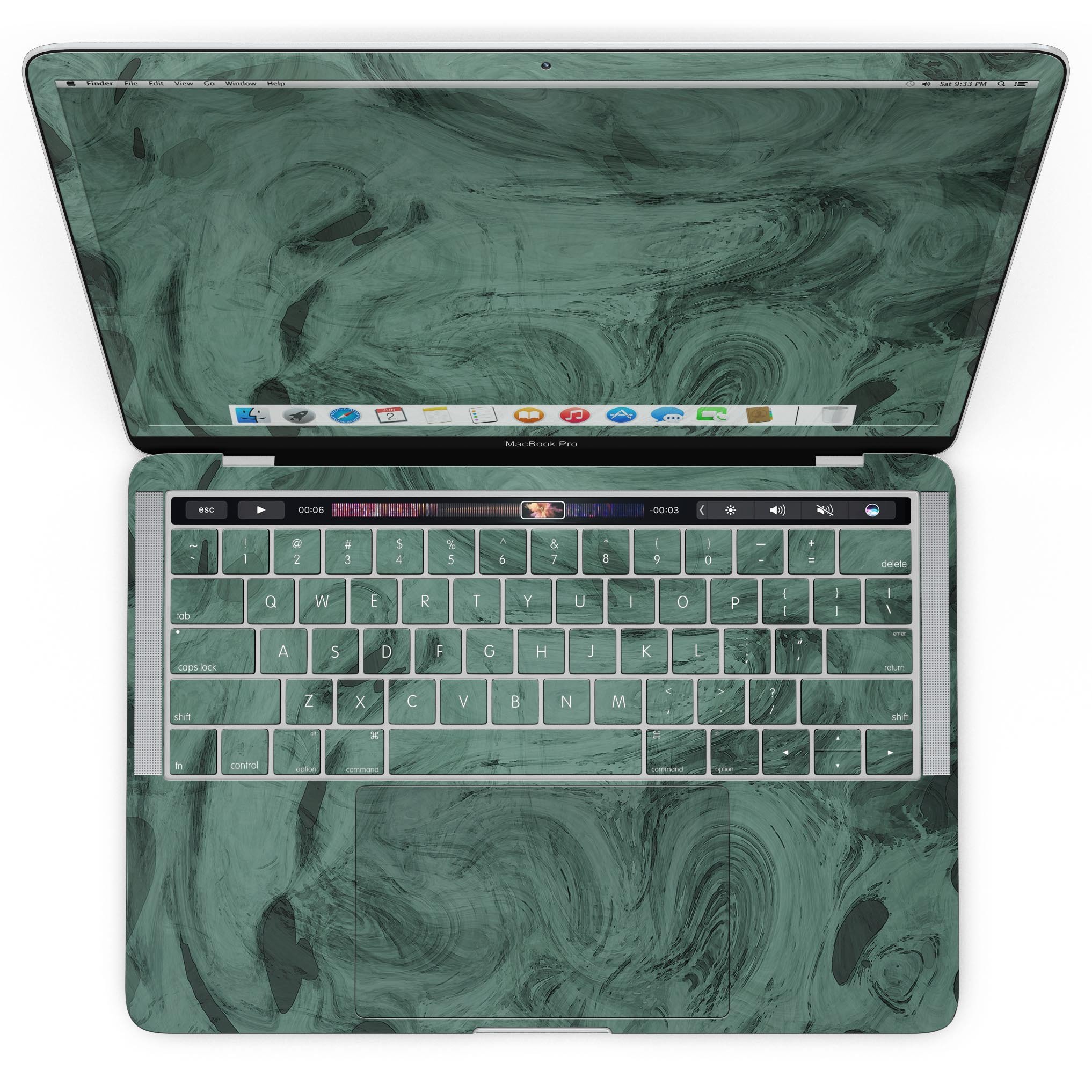 Green Slate Marble Skin Kit for MacBook Pro with Touch Bar, showcasing a stylish marble design that fits perfectly.