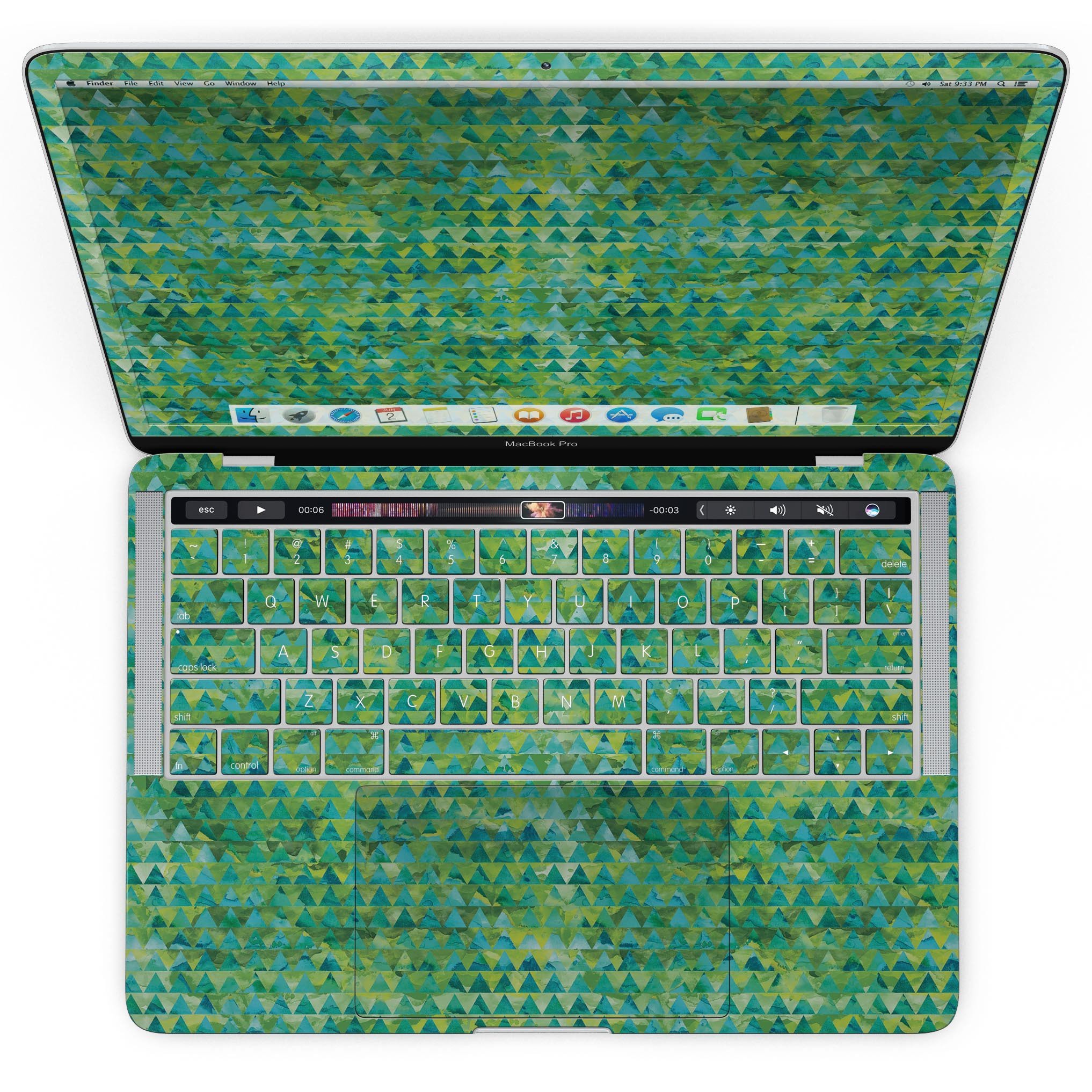 Green Textured Triangle Pattern skin for MacBook Pro with Touch Bar, showcasing a stylish design that protects against scratches.