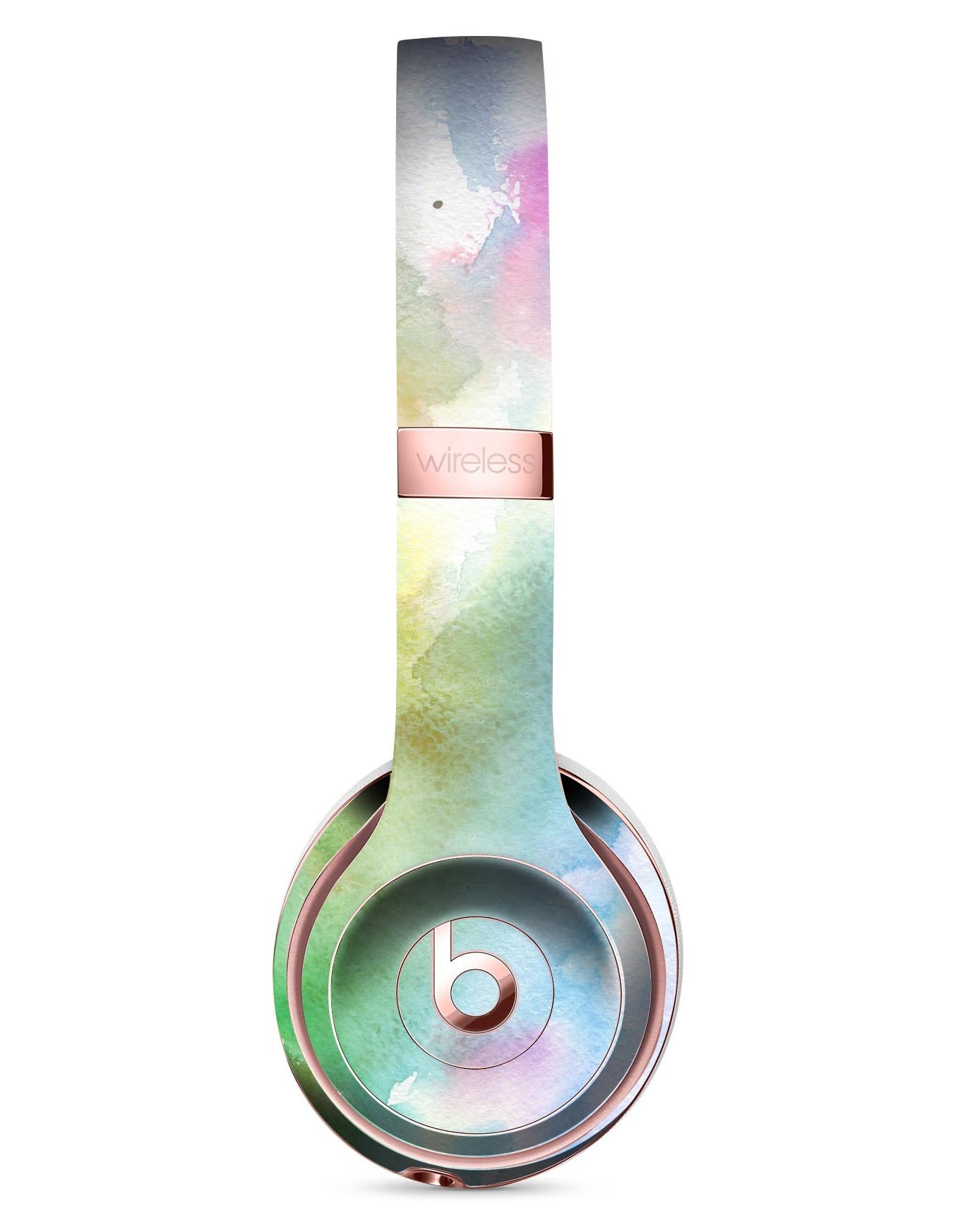 Green to Pink Absorbed Watercolor Texture Skin Kit for Beats by Dre Solo 3 Wireless Headphones, showcasing vibrant colors and premium vinyl material.