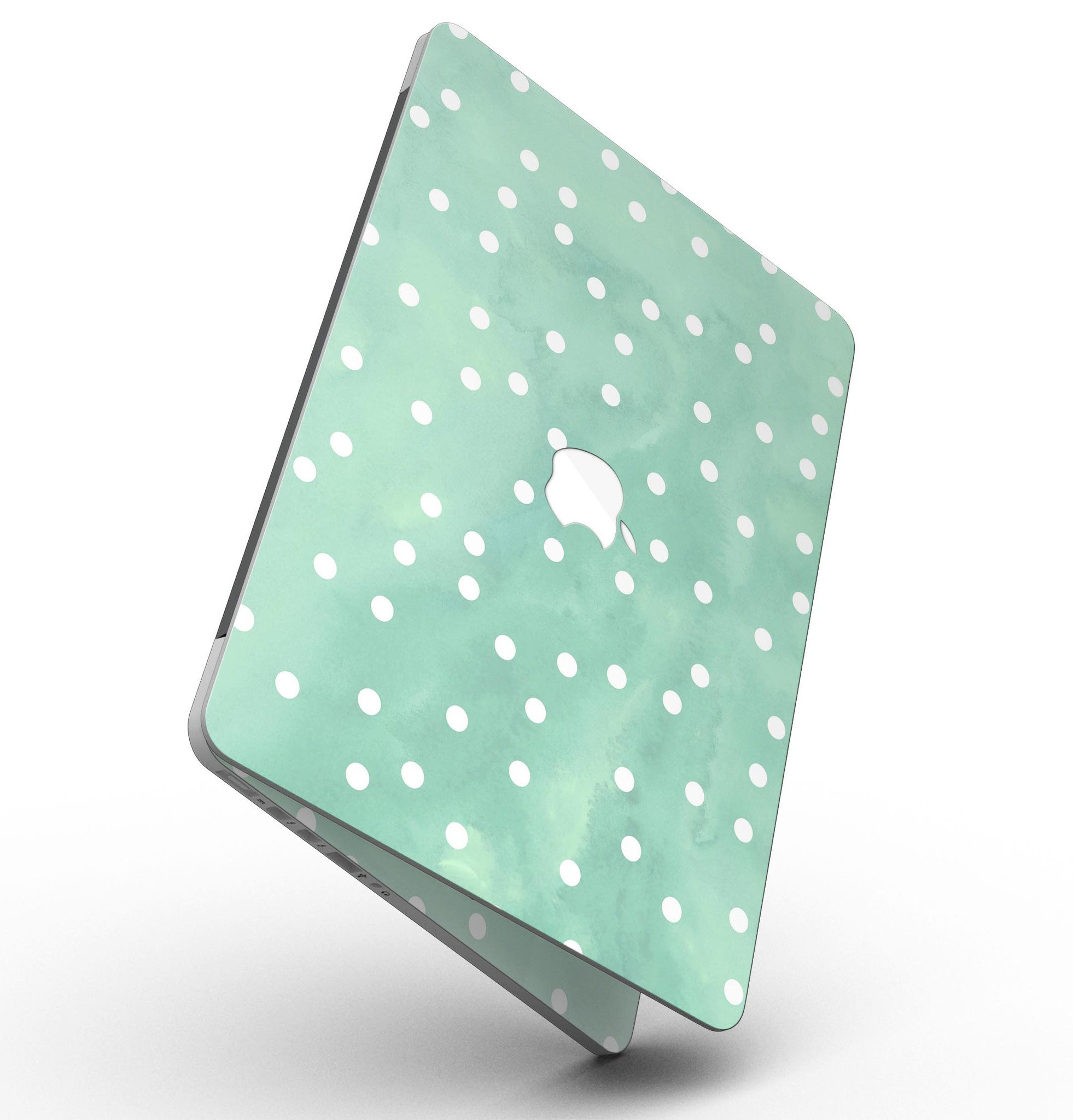 Green watercolor design with white polka dots skin for MacBook Pro with Retina Display, showcasing vibrant colors and a stylish pattern.