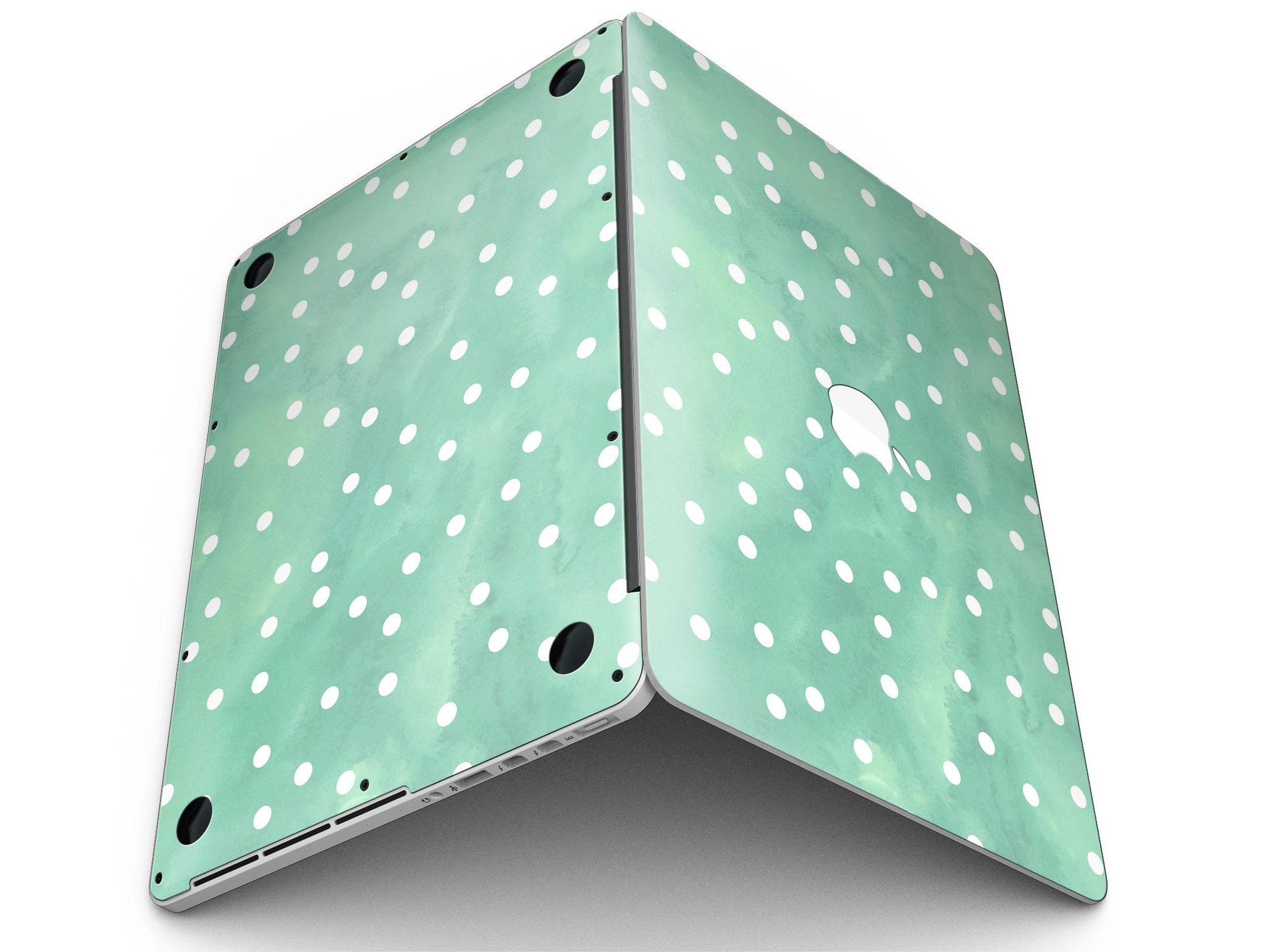 Green watercolor design with white polka dots skin for MacBook Pro with Retina Display, showcasing vibrant colors and a stylish pattern.