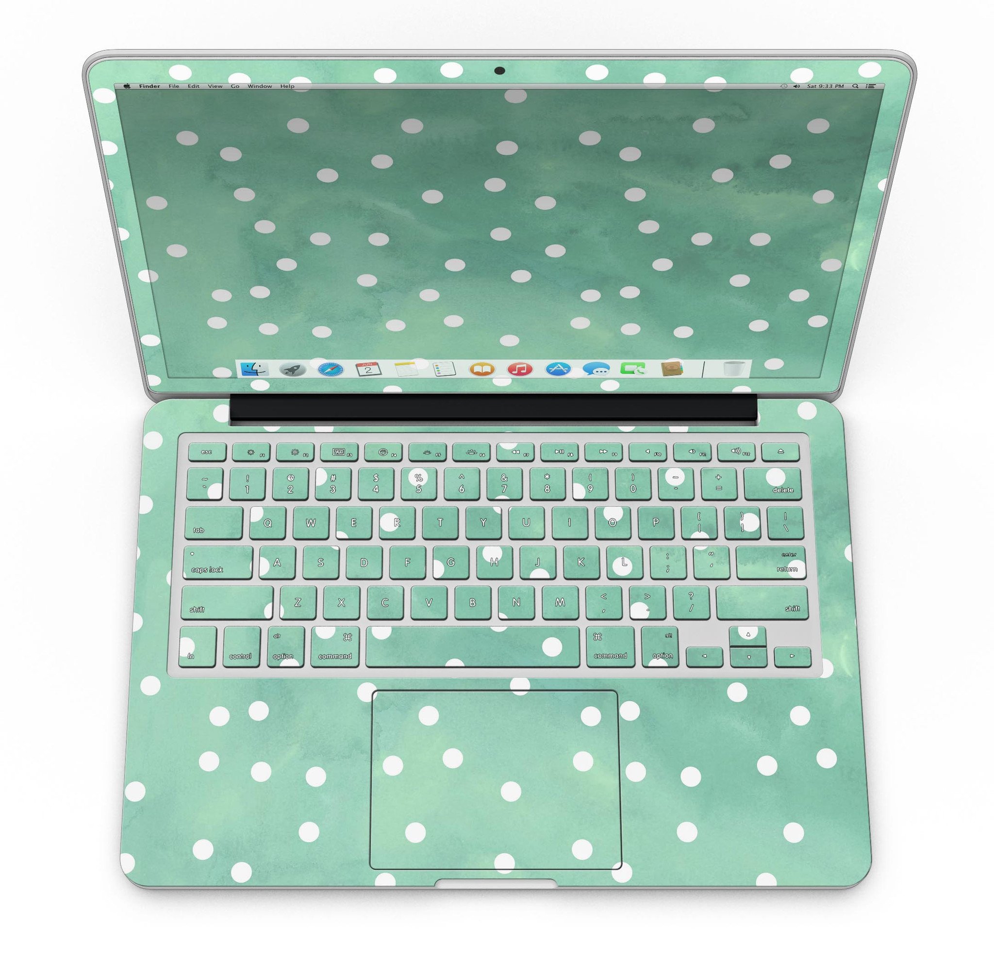 Green watercolor design with white polka dots skin for MacBook Pro with Retina Display, showcasing vibrant colors and a stylish pattern.