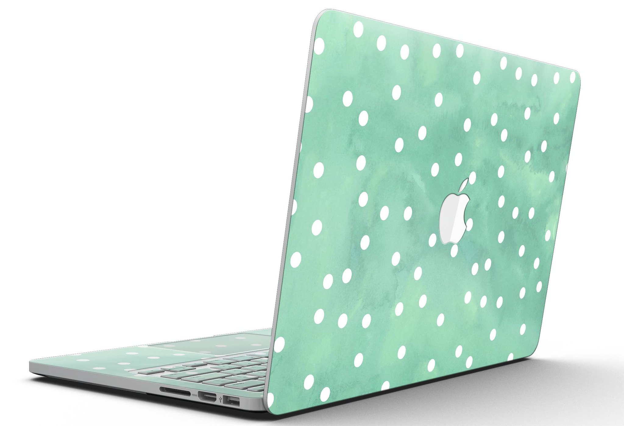 Green watercolor design with white polka dots skin for MacBook Pro with Retina Display, showcasing vibrant colors and a stylish pattern.
