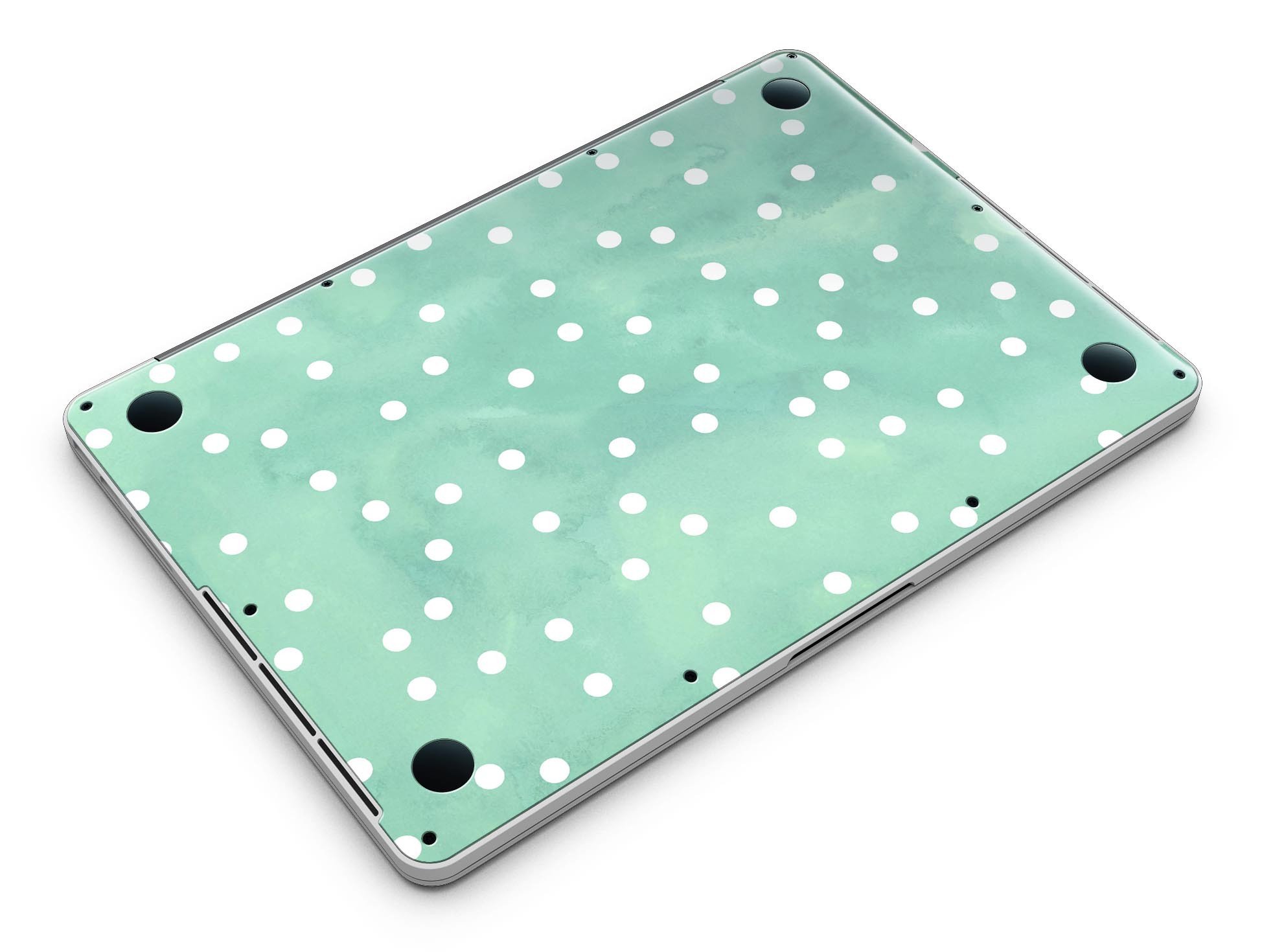 Green watercolor design with white polka dots skin for MacBook Pro with Retina Display, showcasing vibrant colors and a stylish pattern.