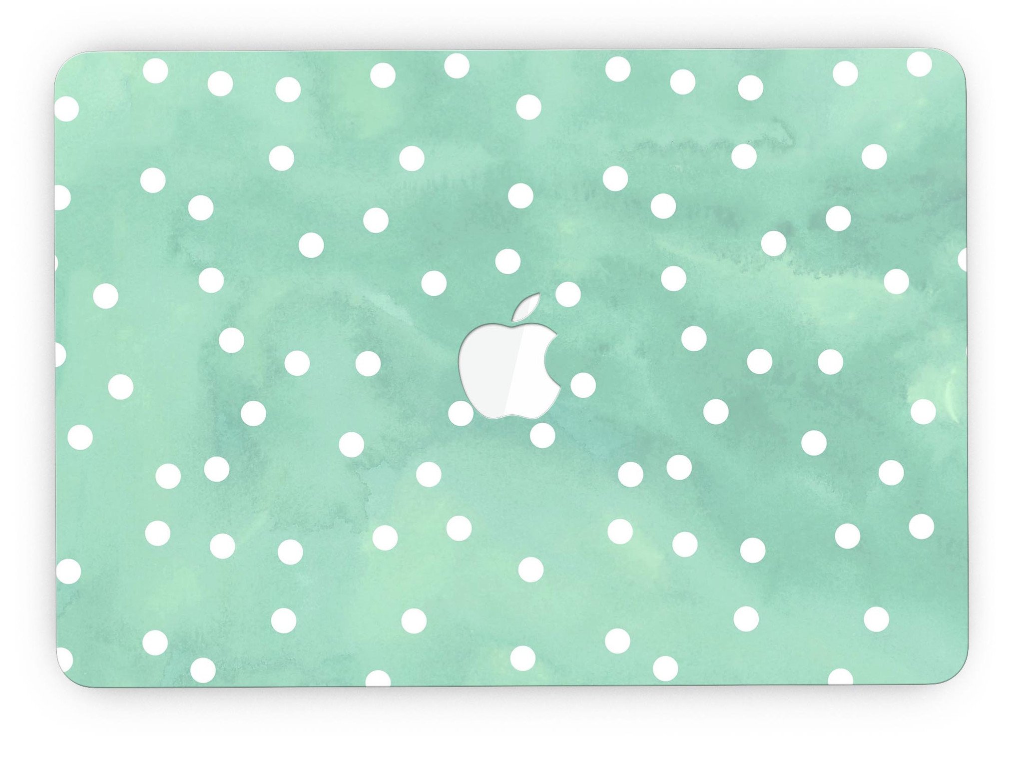 Green watercolor design with white polka dots skin for MacBook Pro with Retina Display, showcasing vibrant colors and a stylish pattern.