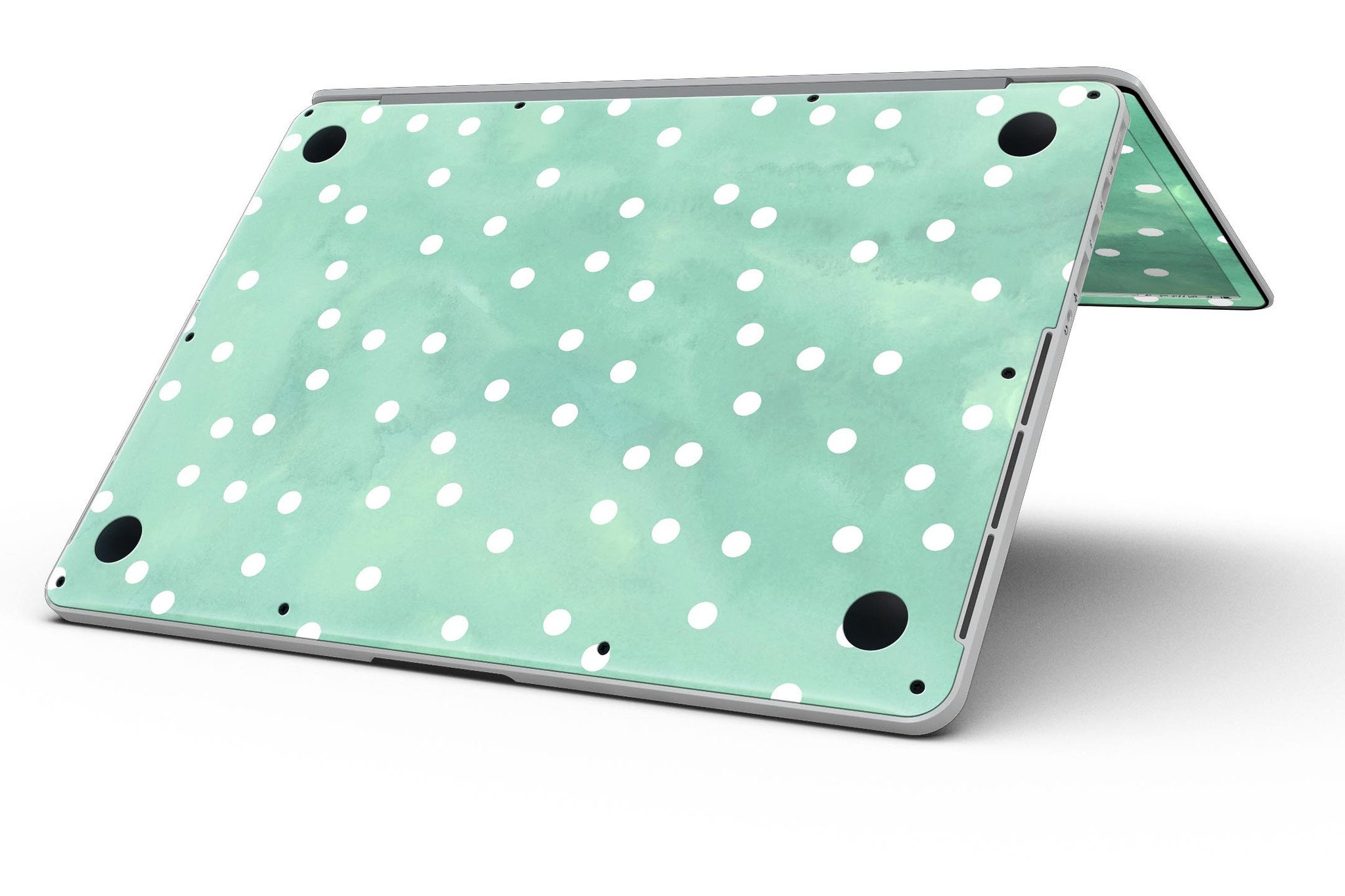 Green watercolor design with white polka dots skin for MacBook Pro with Retina Display, showcasing vibrant colors and a stylish pattern.