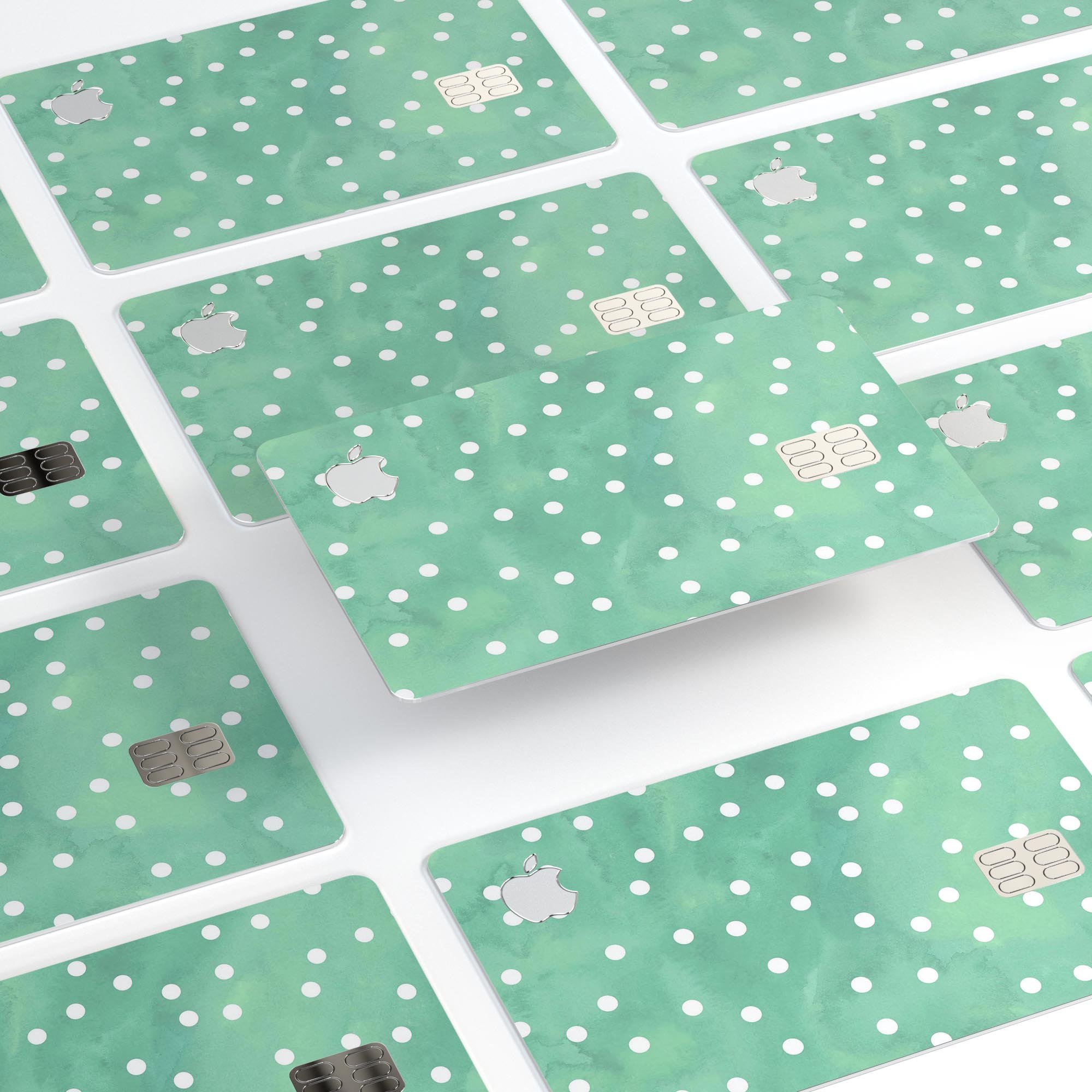Green Watercolor and White Polka Dots Premium Protective Decal for Apple Card, showcasing vibrant colors and polka dot design.