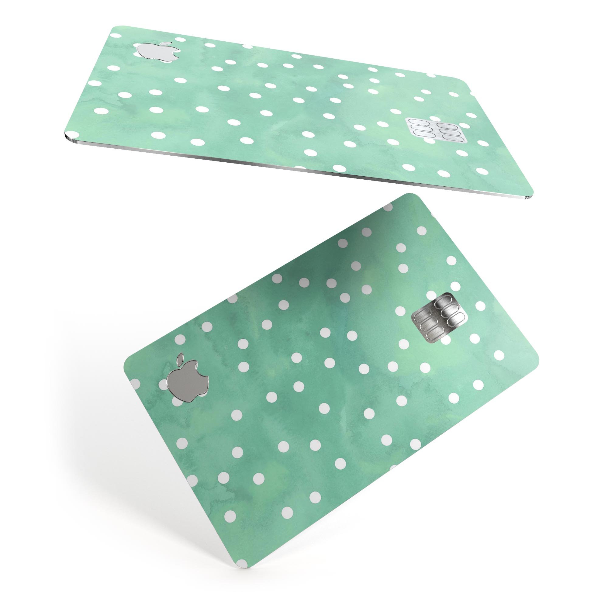 Green Watercolor and White Polka Dots Premium Protective Decal for Apple Card, showcasing vibrant colors and polka dot design.