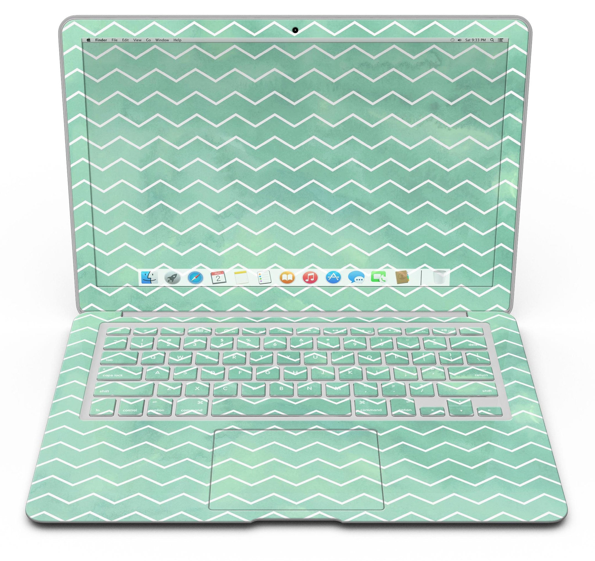 Green Watercolor Chevron MacBook Air Skin Kit showcasing a vibrant chevron pattern on a sleek device.