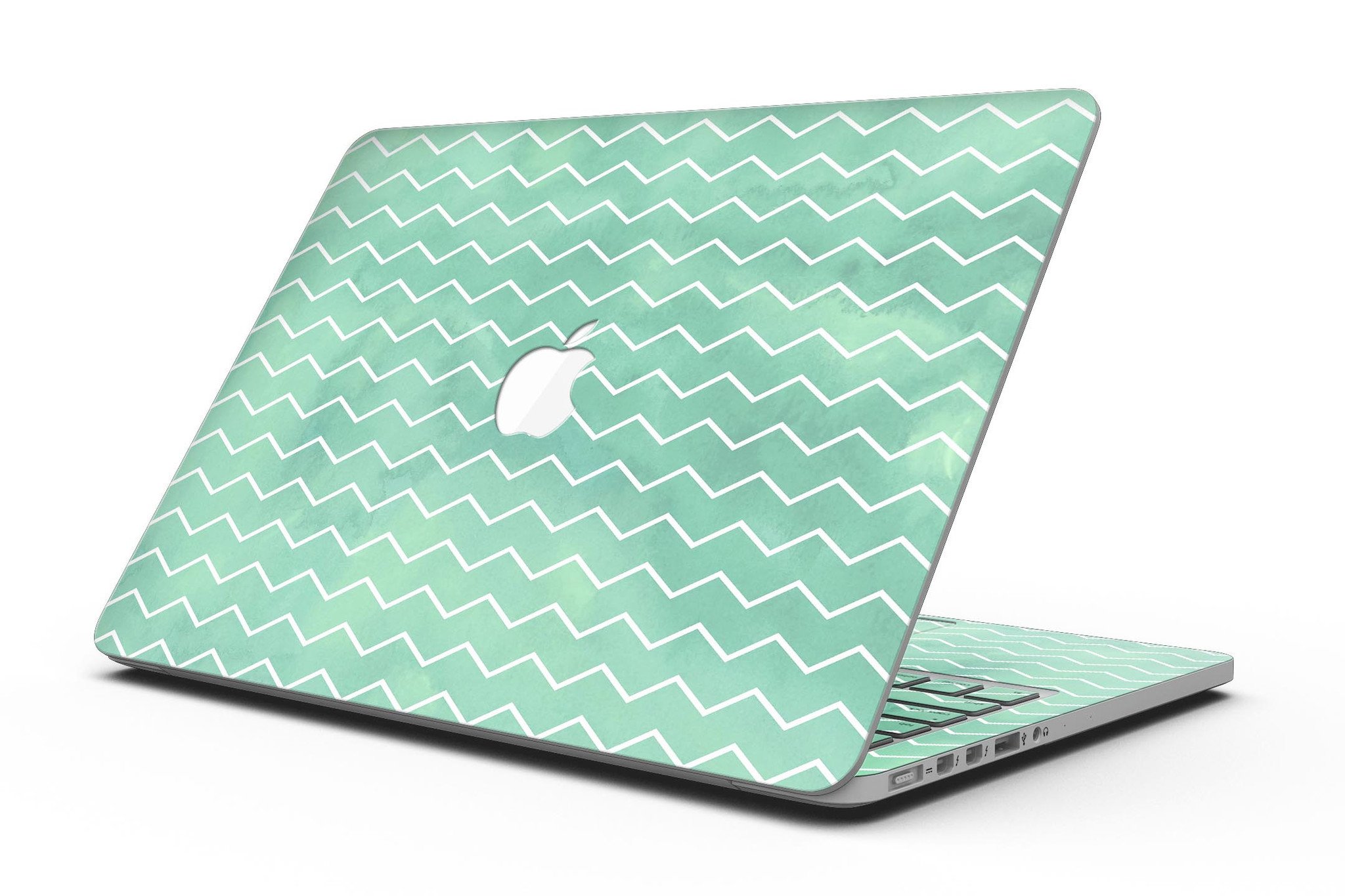 Green Watercolor Chevron skin for MacBook Pro with Retina Display, showcasing vibrant colors and a stylish design.