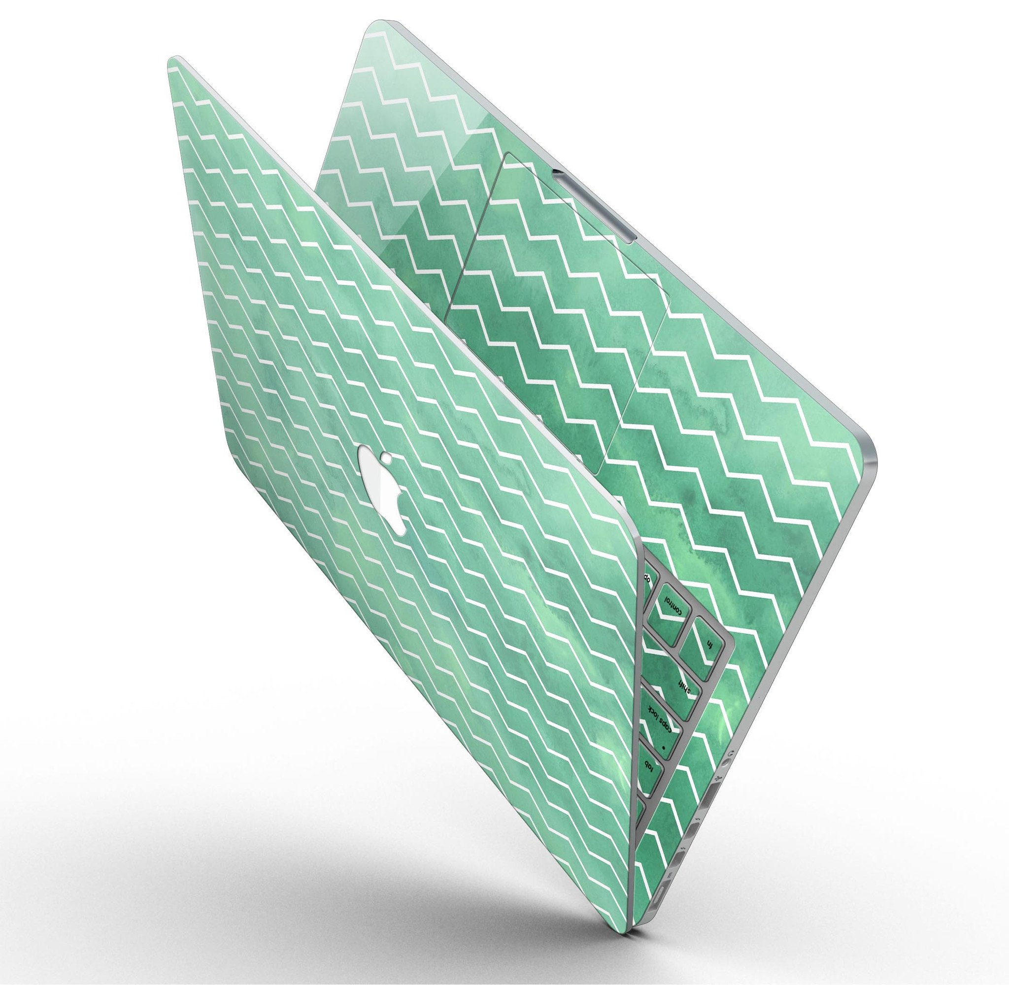 Green Watercolor Chevron skin for MacBook Pro with Retina Display, showcasing vibrant colors and a stylish design.