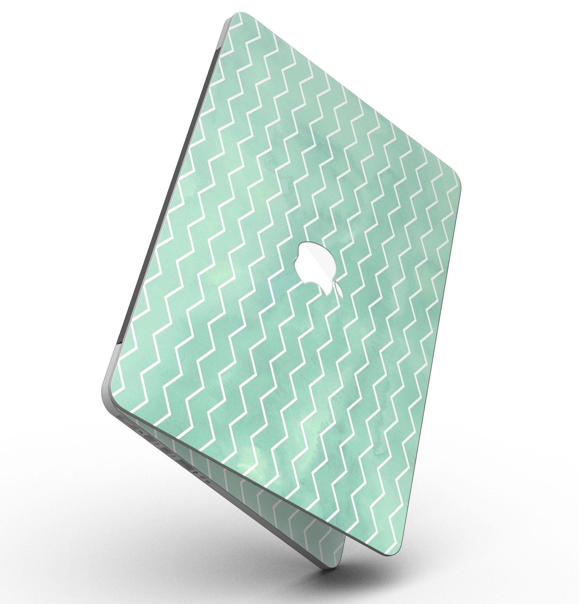 Green Watercolor Chevron skin for MacBook Pro with Retina Display, showcasing vibrant colors and a stylish design.