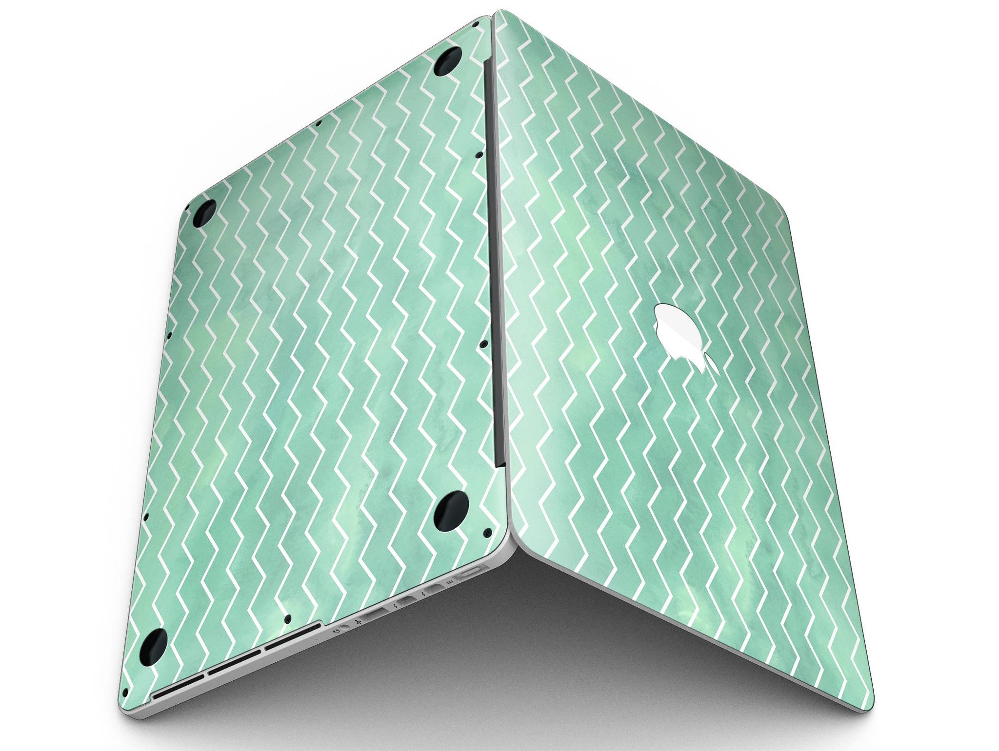 Green Watercolor Chevron skin for MacBook Pro with Retina Display, showcasing vibrant colors and a stylish design.