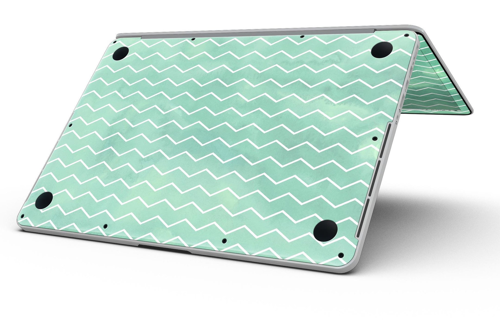 Green Watercolor Chevron skin for MacBook Pro with Retina Display, showcasing vibrant colors and a stylish design.