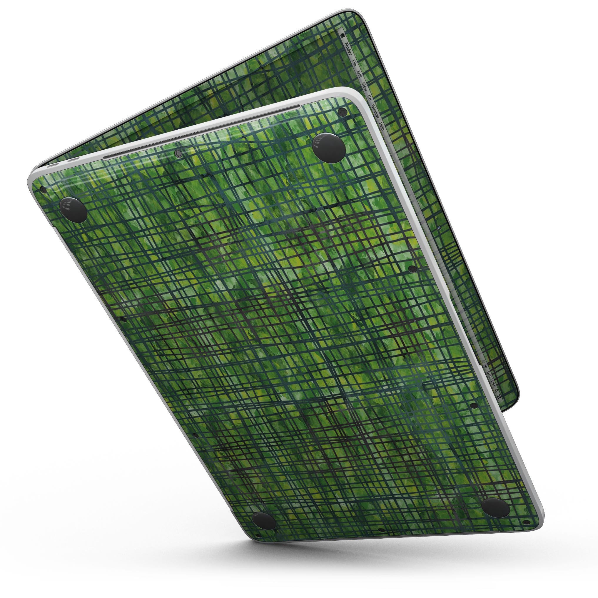 Green Watercolor Cross Hatch skin for 13" MacBook Pro without Touch Bar, showcasing vibrant colors and unique design.