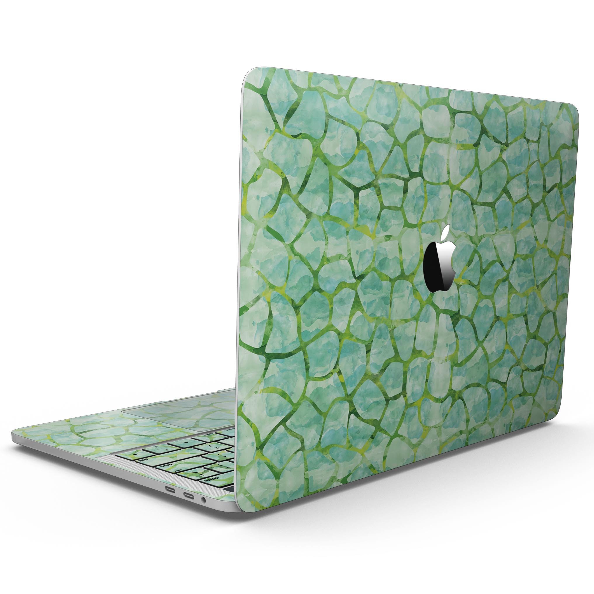 Green Watercolor Giraffe Pattern skin for MacBook Pro with Touch Bar, showcasing vibrant colors and unique design.