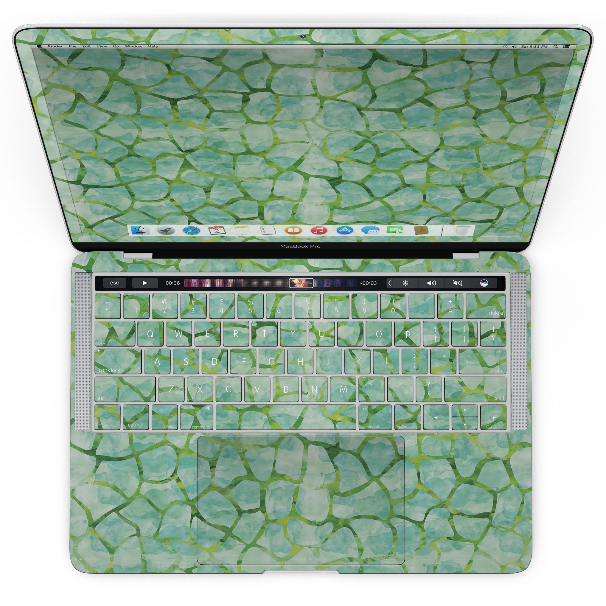 Green Watercolor Giraffe Pattern skin for MacBook Pro with Touch Bar, showcasing vibrant colors and unique design.
