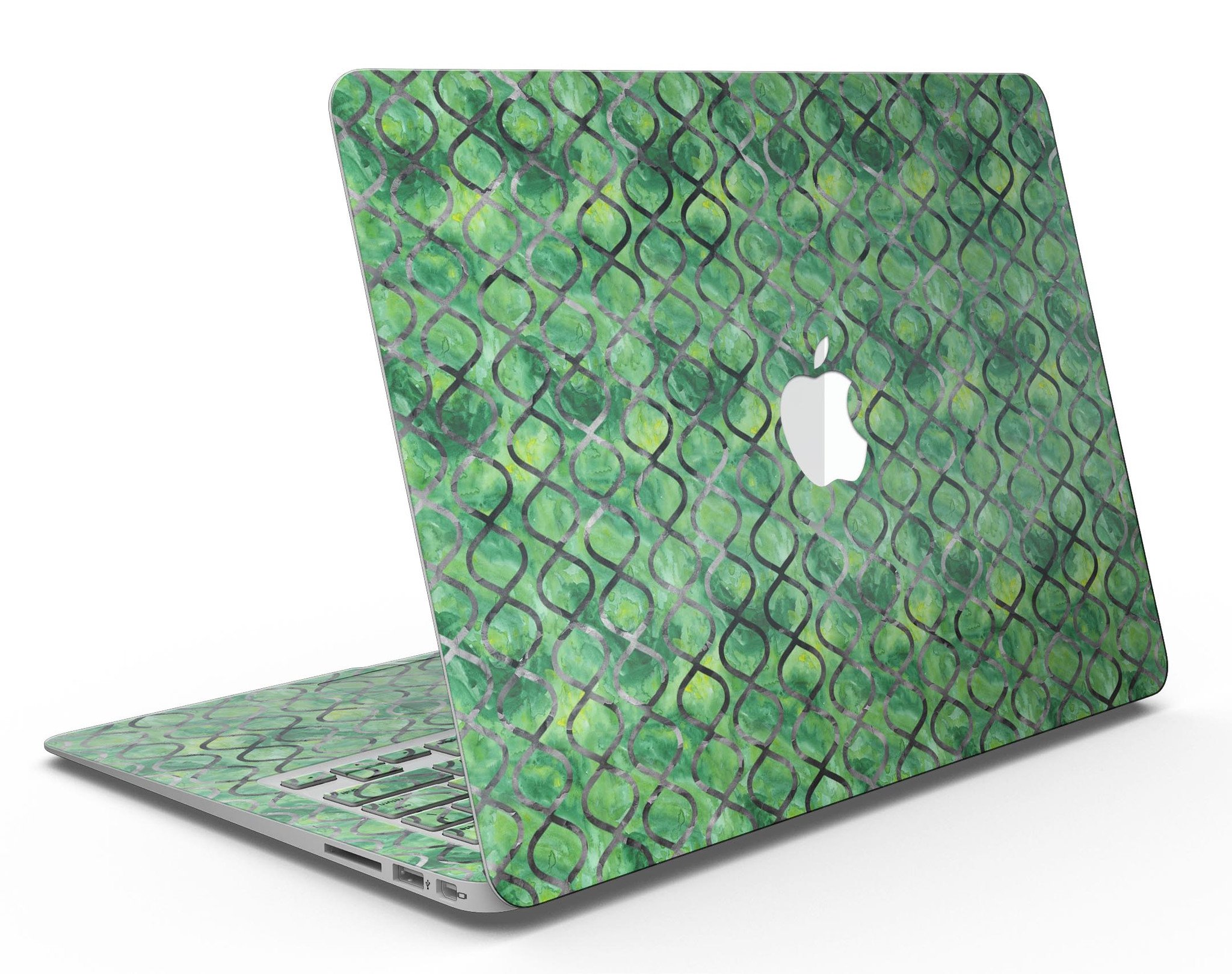 Green Watercolor Helix Pattern MacBook Air skin kit showcasing vibrant colors and intricate design.
