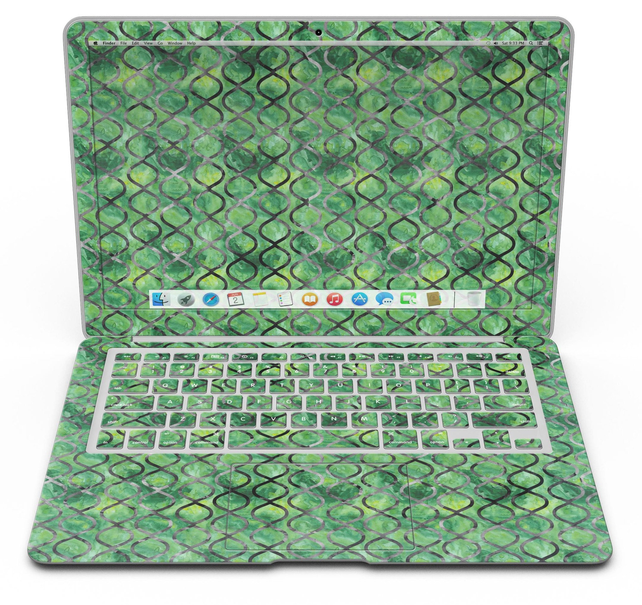 Green Watercolor Helix Pattern MacBook Air skin kit showcasing vibrant colors and intricate design.