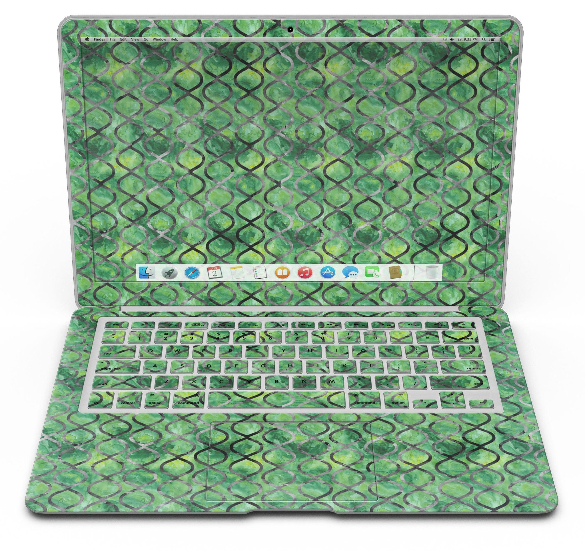 Green Watercolor Helix Pattern MacBook Air skin kit showcasing vibrant colors and intricate design.