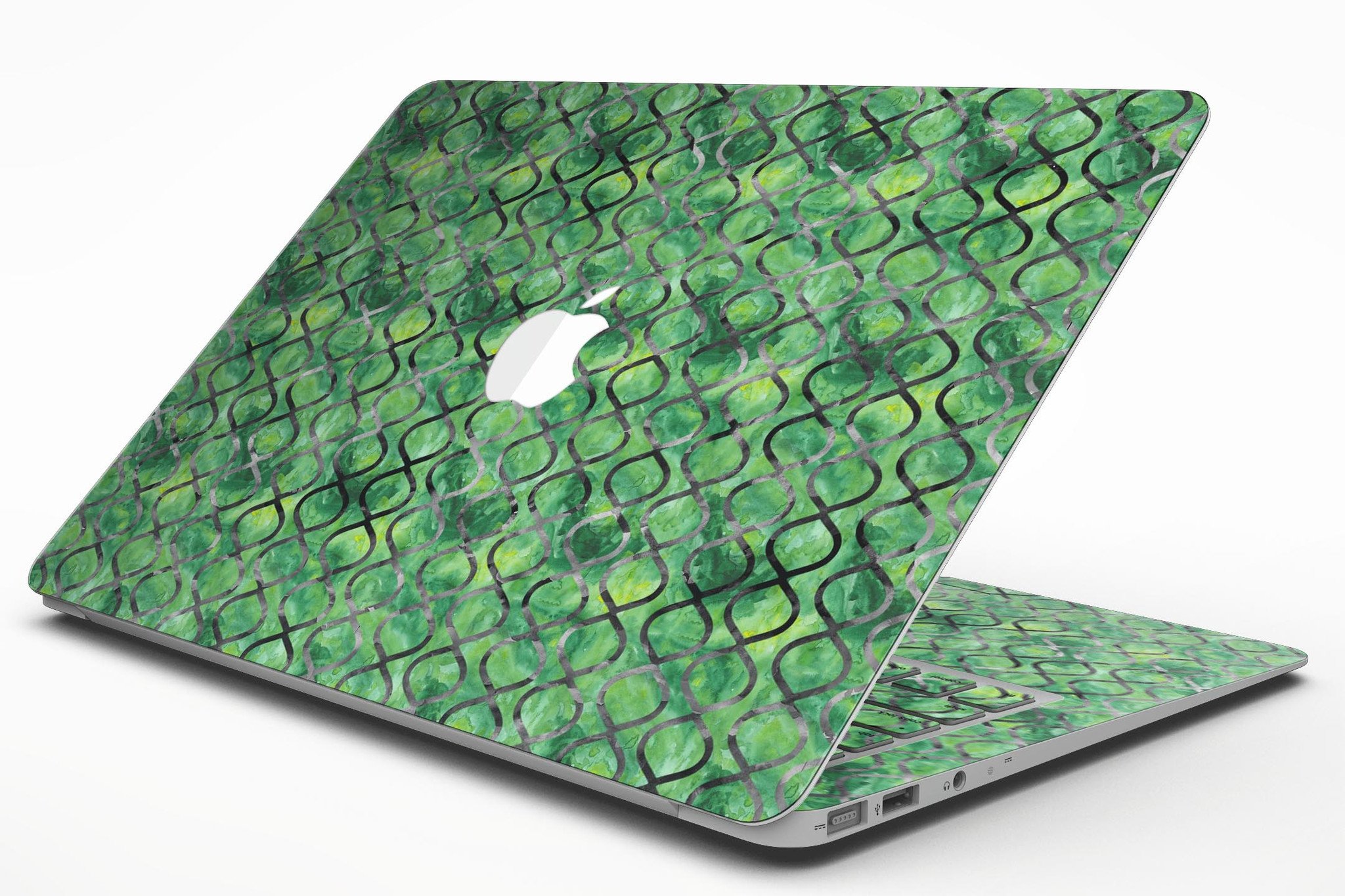 Green Watercolor Helix Pattern MacBook Air skin kit showcasing vibrant colors and intricate design.