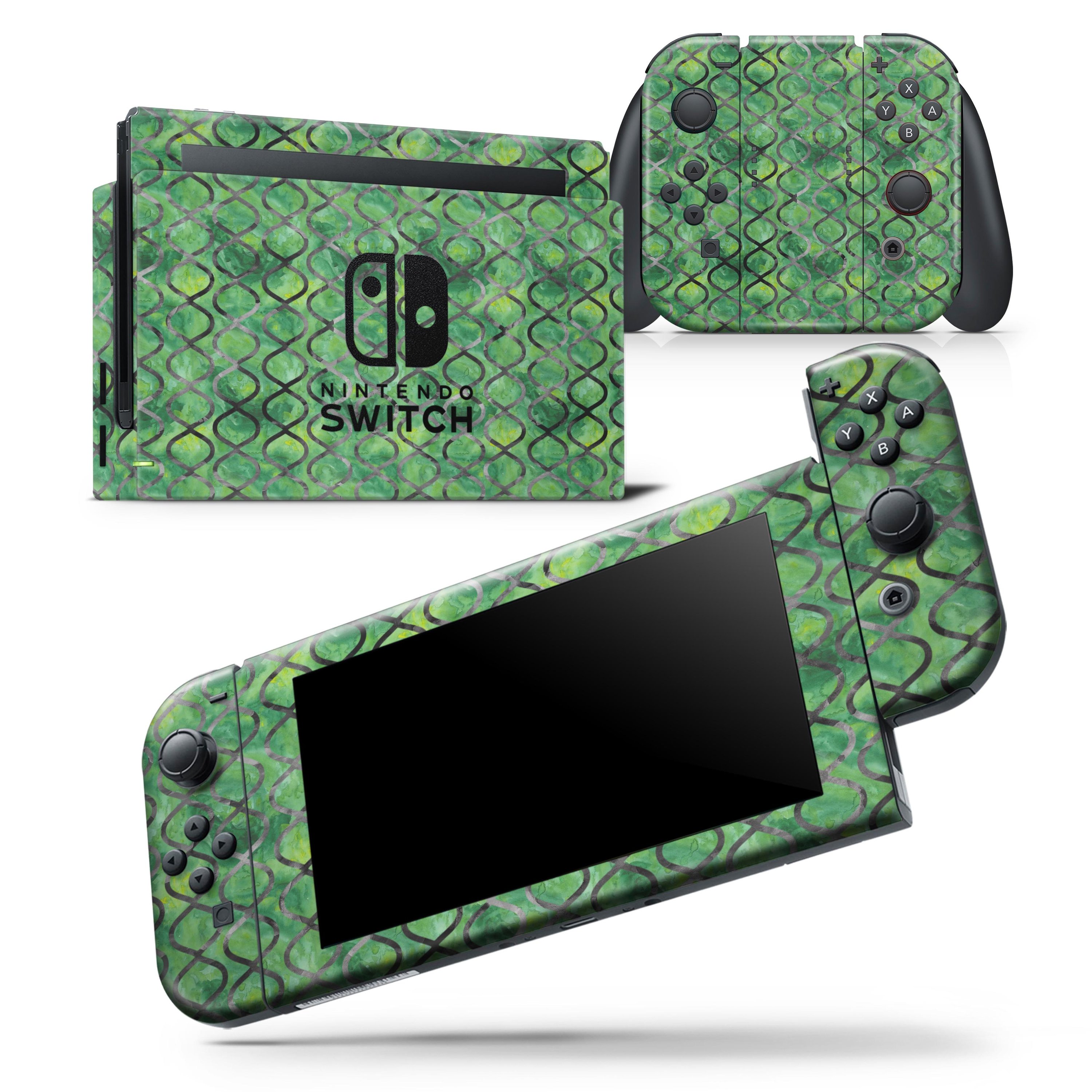 Green Watercolor Helix Pattern Skin Wrap Decal for Nintendo Switch, showcasing vibrant colors and a sleek design.