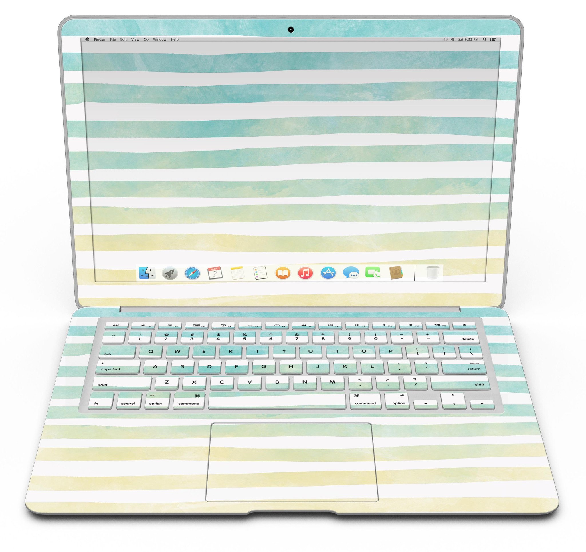 Green WaterColor Ombre Stripes MacBook Air Skin Kit showcasing vibrant colors and stylish design.