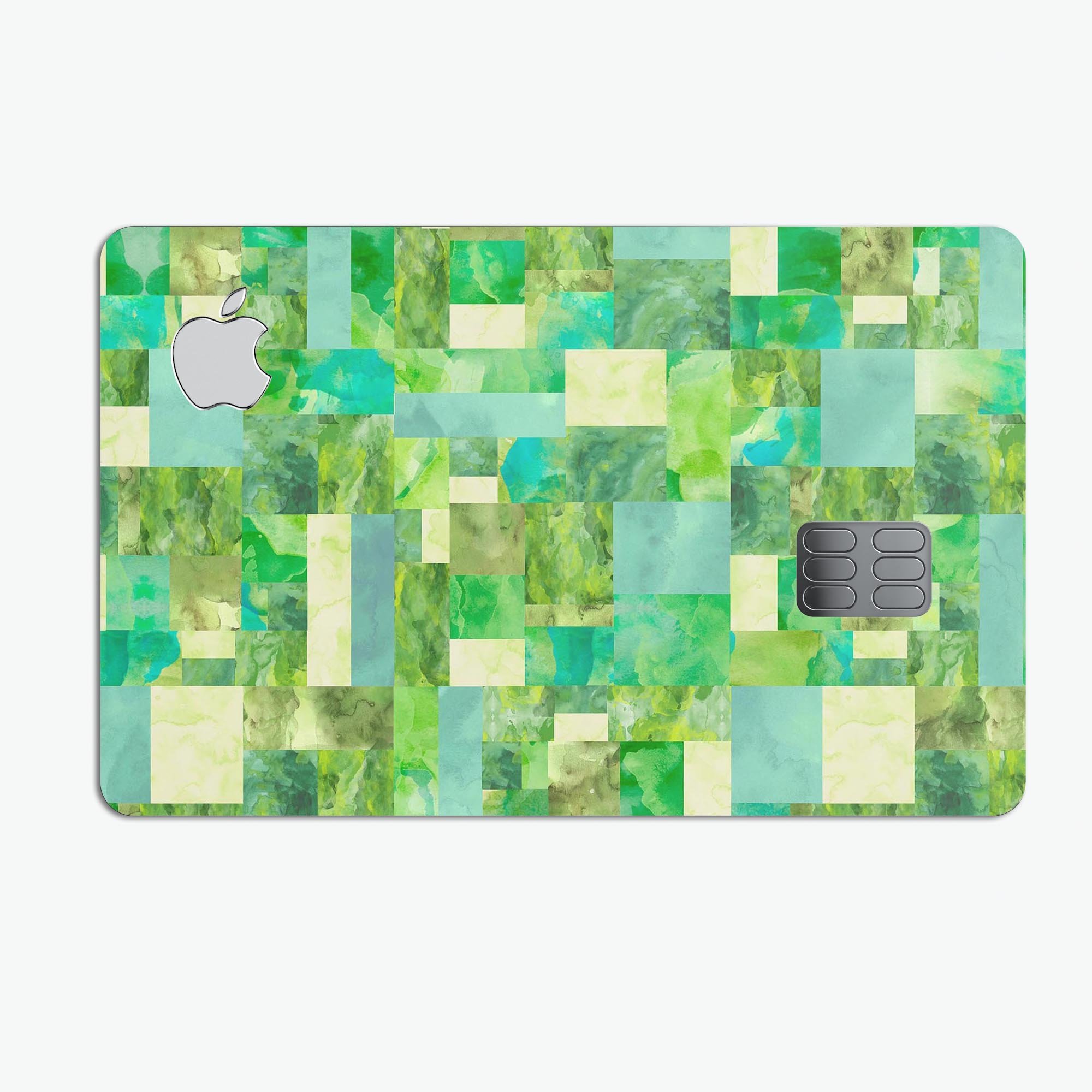 Green Watercolor Patchwork decal skin for Apple Card, showcasing vibrant colors and premium vinyl material.