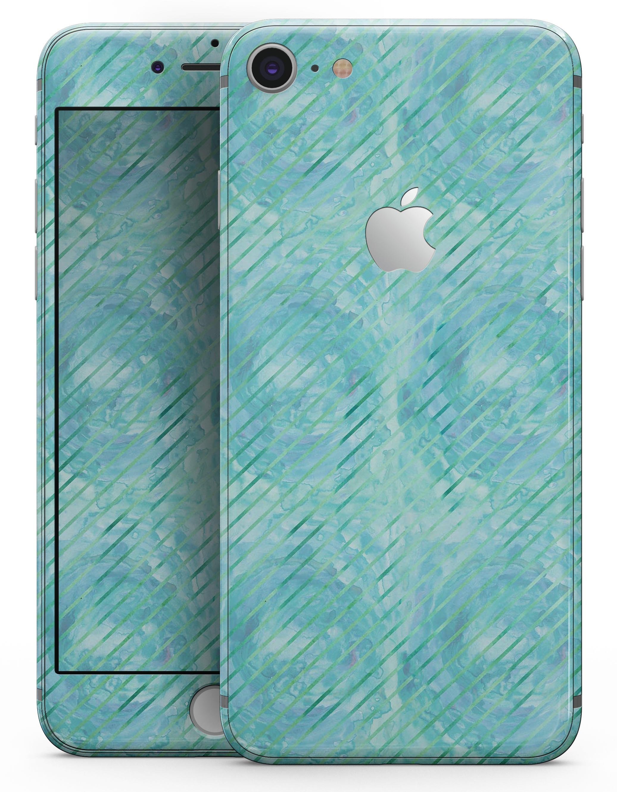 Green Watercolor Swirls and Diagonal Stripes Pattern skin for iPhone 8 and 8 Plus, showcasing vibrant colors and artistic design.