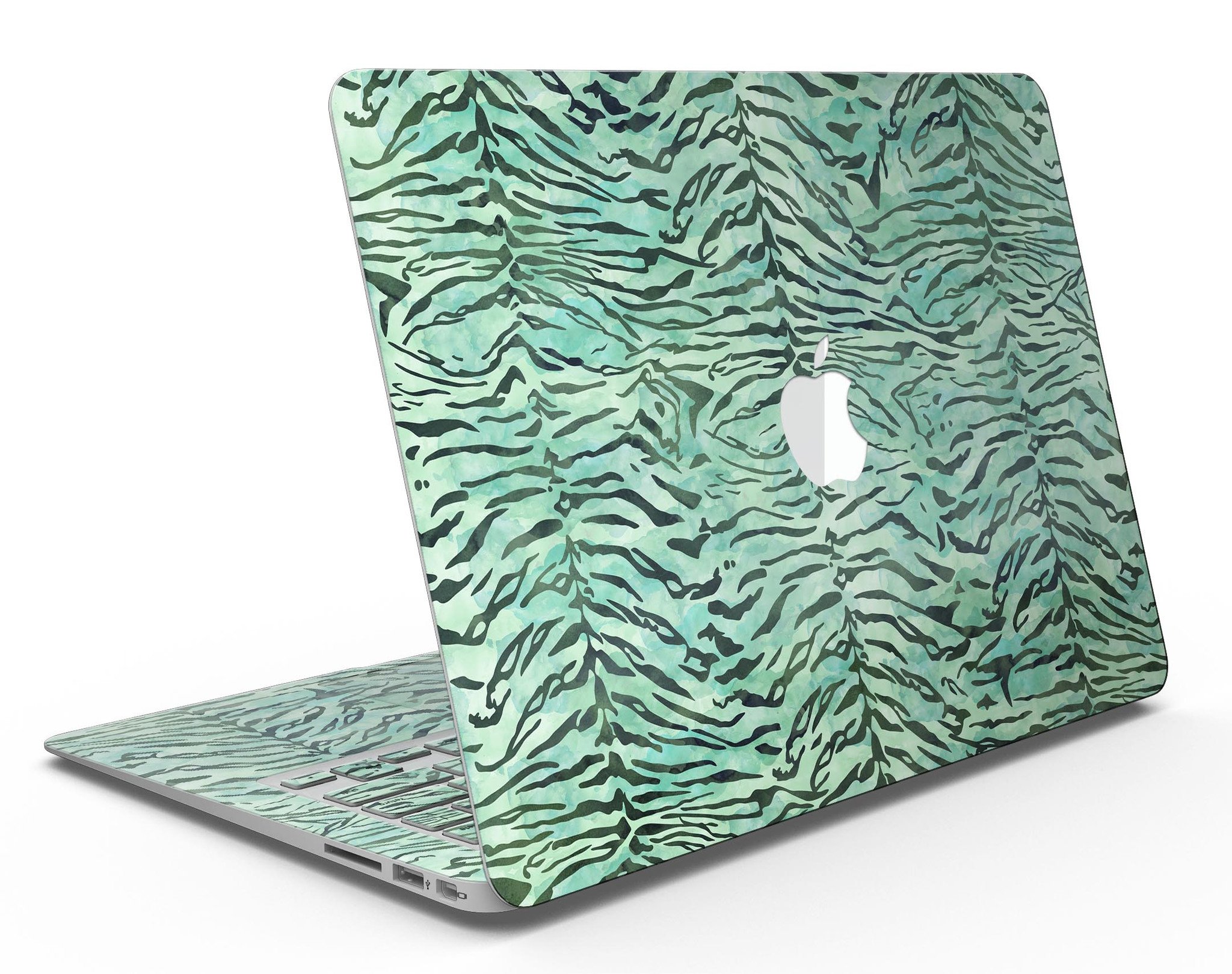 Green Watercolor Tiger Pattern MacBook Air Skin Kit showcasing vibrant colors and intricate design.